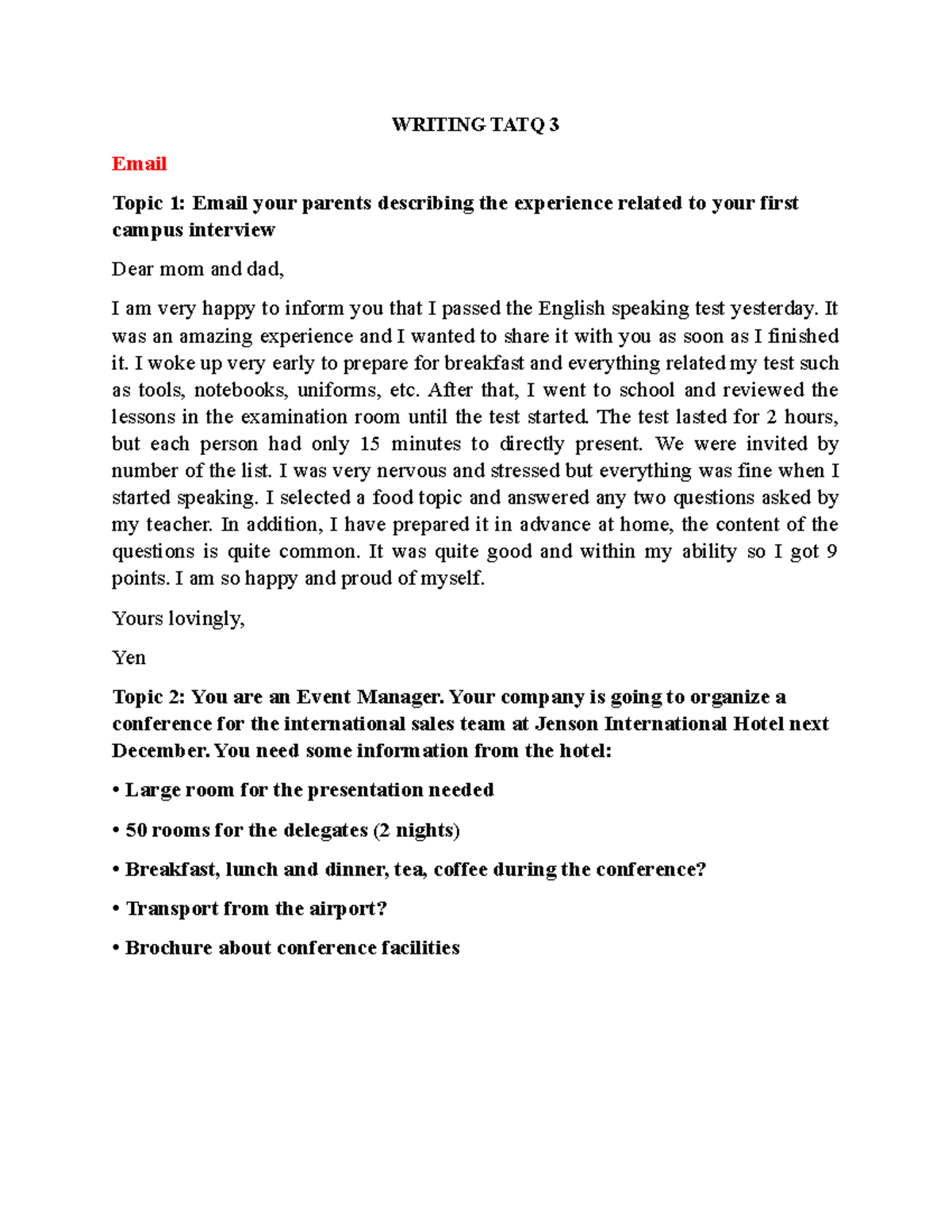 Writing TATQ 3 - WRITING TATQ 3 Email Topic 1: Email your parents ...