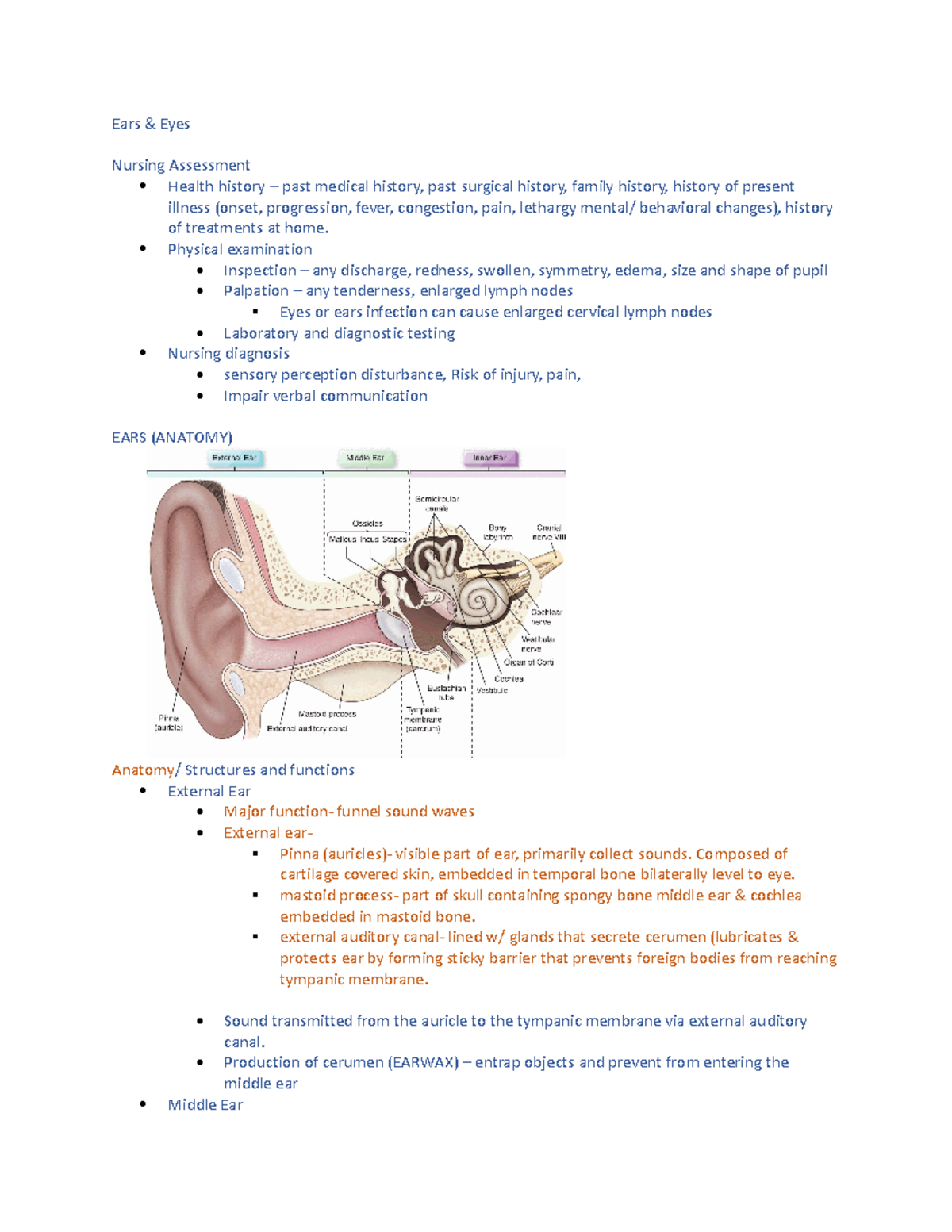 Sensory notes - Ears & Eyes Nursing Assessment Health history – past ...