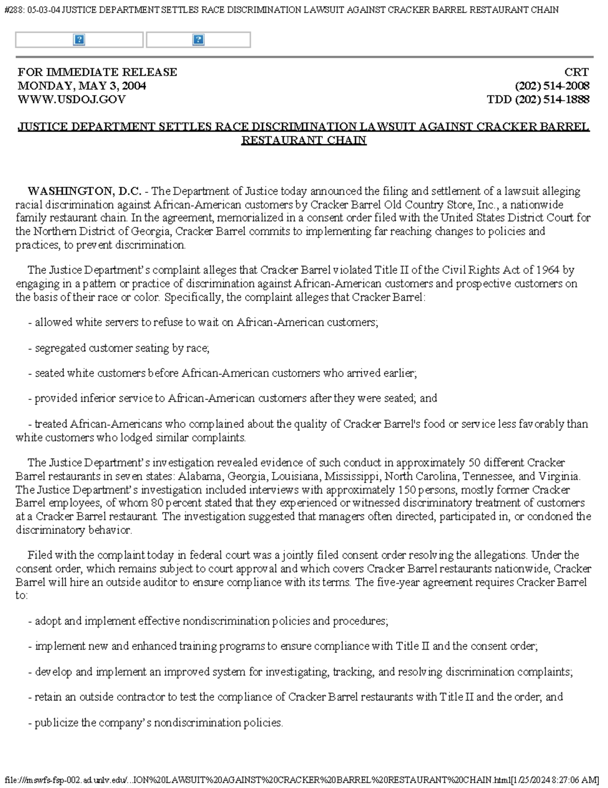 Cracker Barrel DOJ Release 288 050304 JUSTICE DEPARTMENT SETTLES