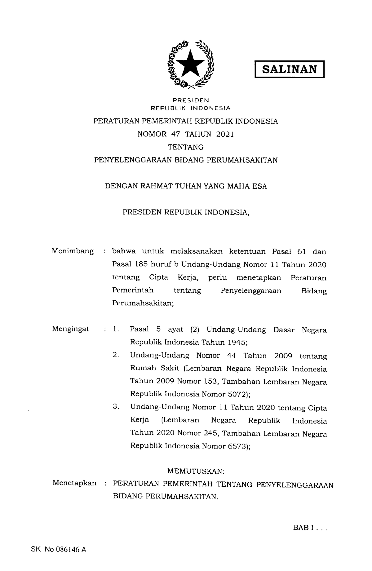 PP Nomor 47 Tahun 2021 Ttg Penyelengaraan Bidang RS - SALINAN PRES IDEN ...