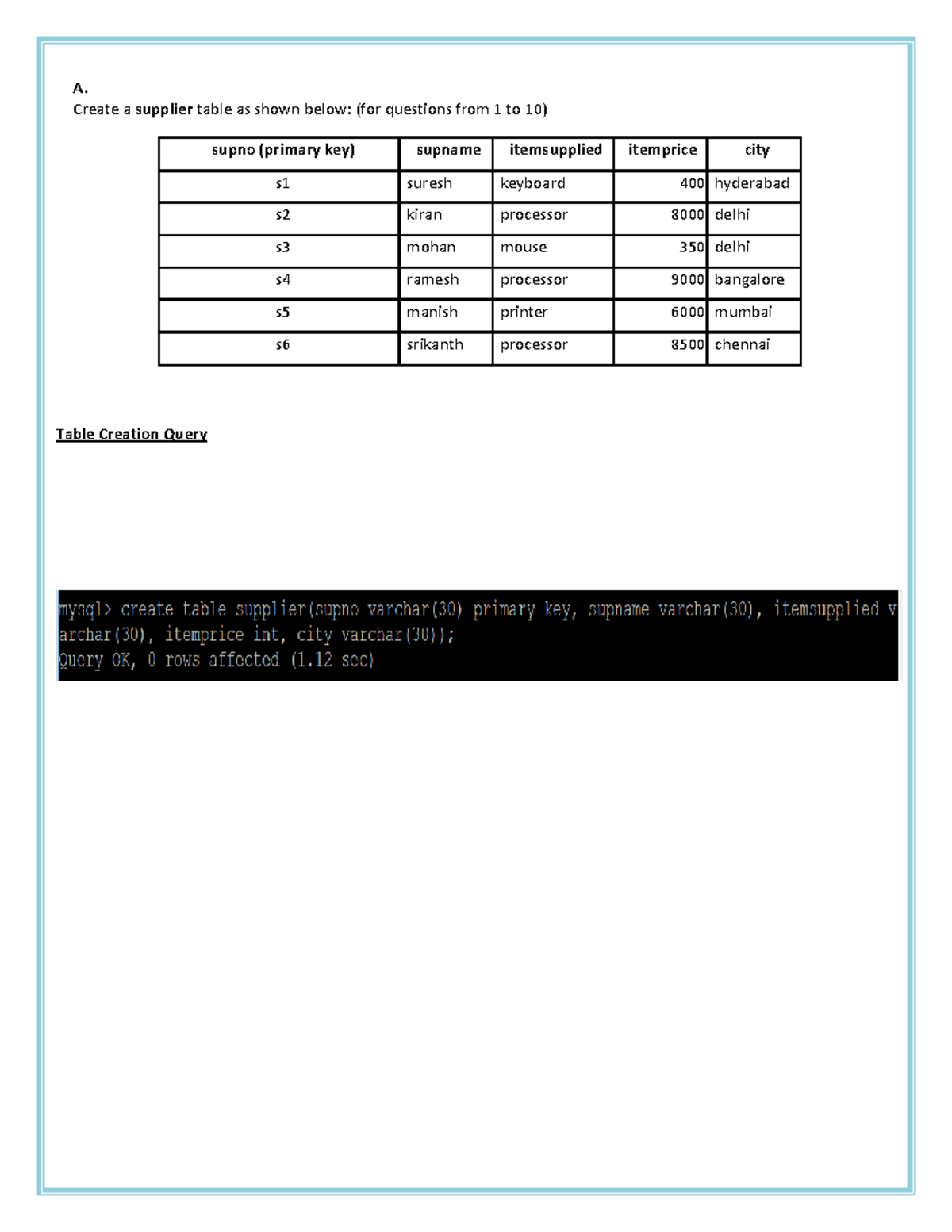 Rdbms 50 Record Sheets - A. Create a supplier table as shown below ...