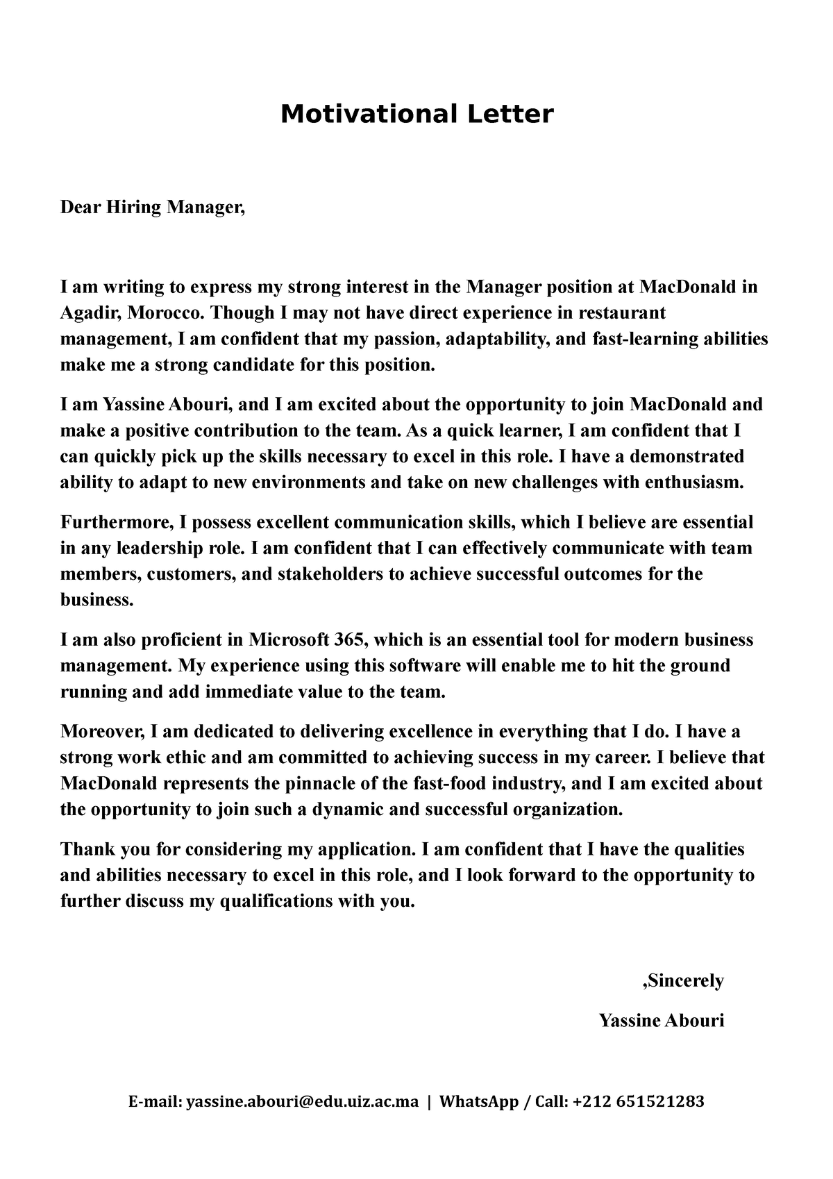 Motivational Letter - snwk,xs w,m - Motivational Letter Dear Hiring ...