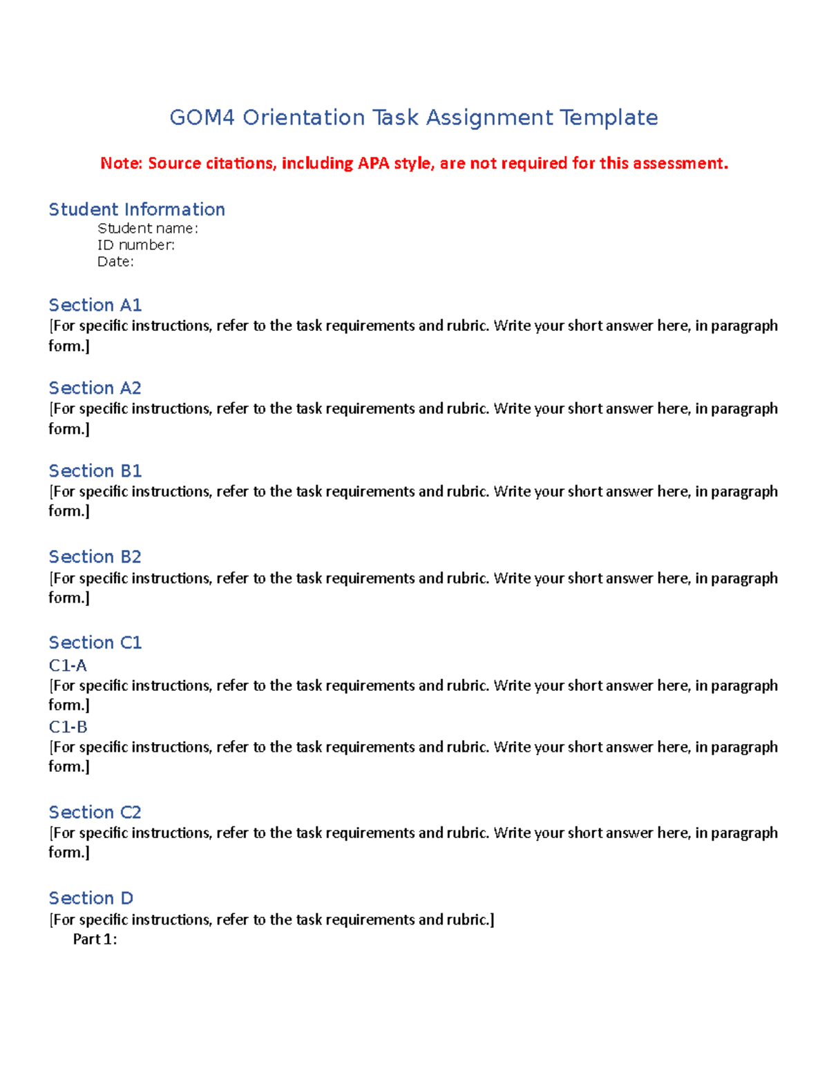 Orientation Task Template Gom Orientation Task Assignment Template Note Source Citations