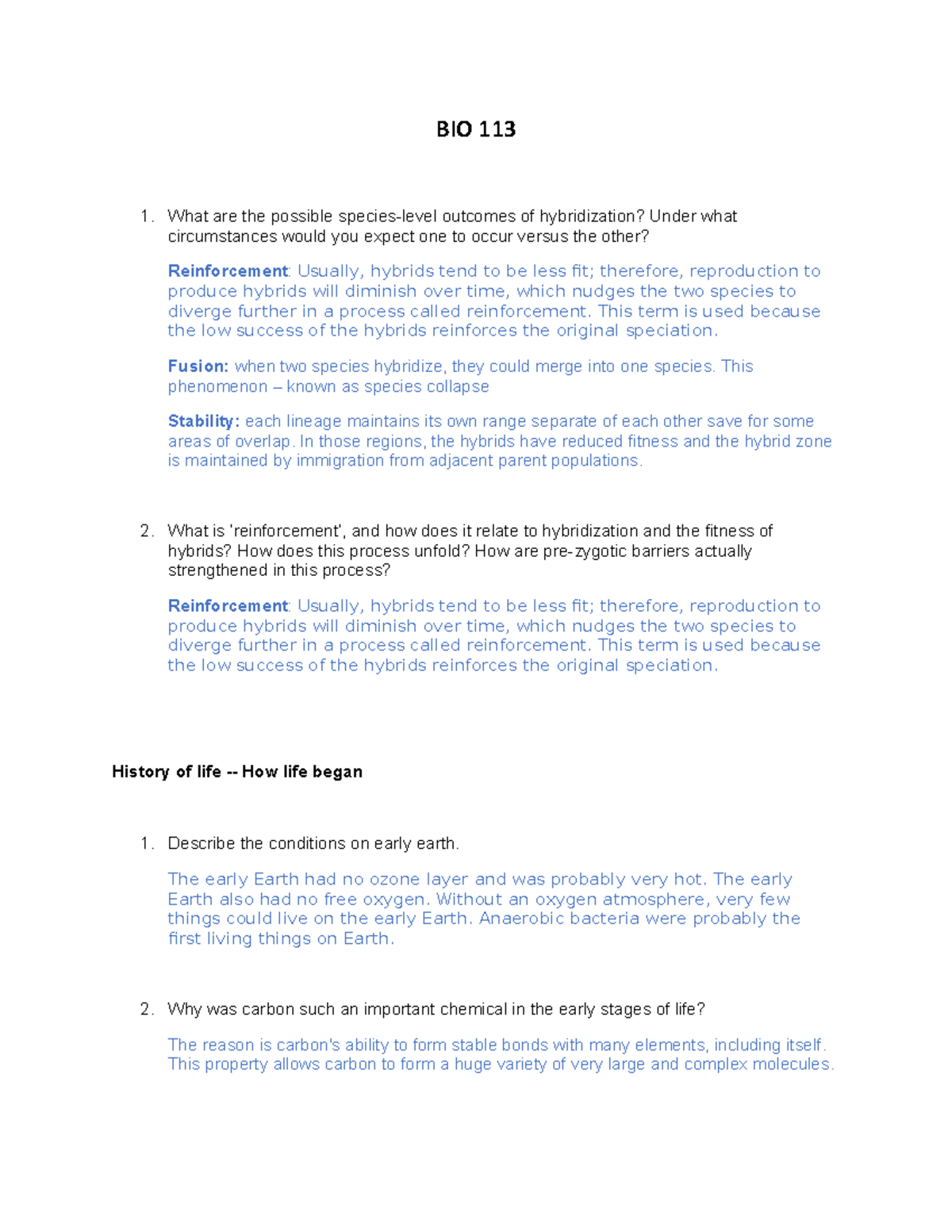 BIO 113 Notes - Evolution, Ecology, And Organismal Biology - BIO 113 ...