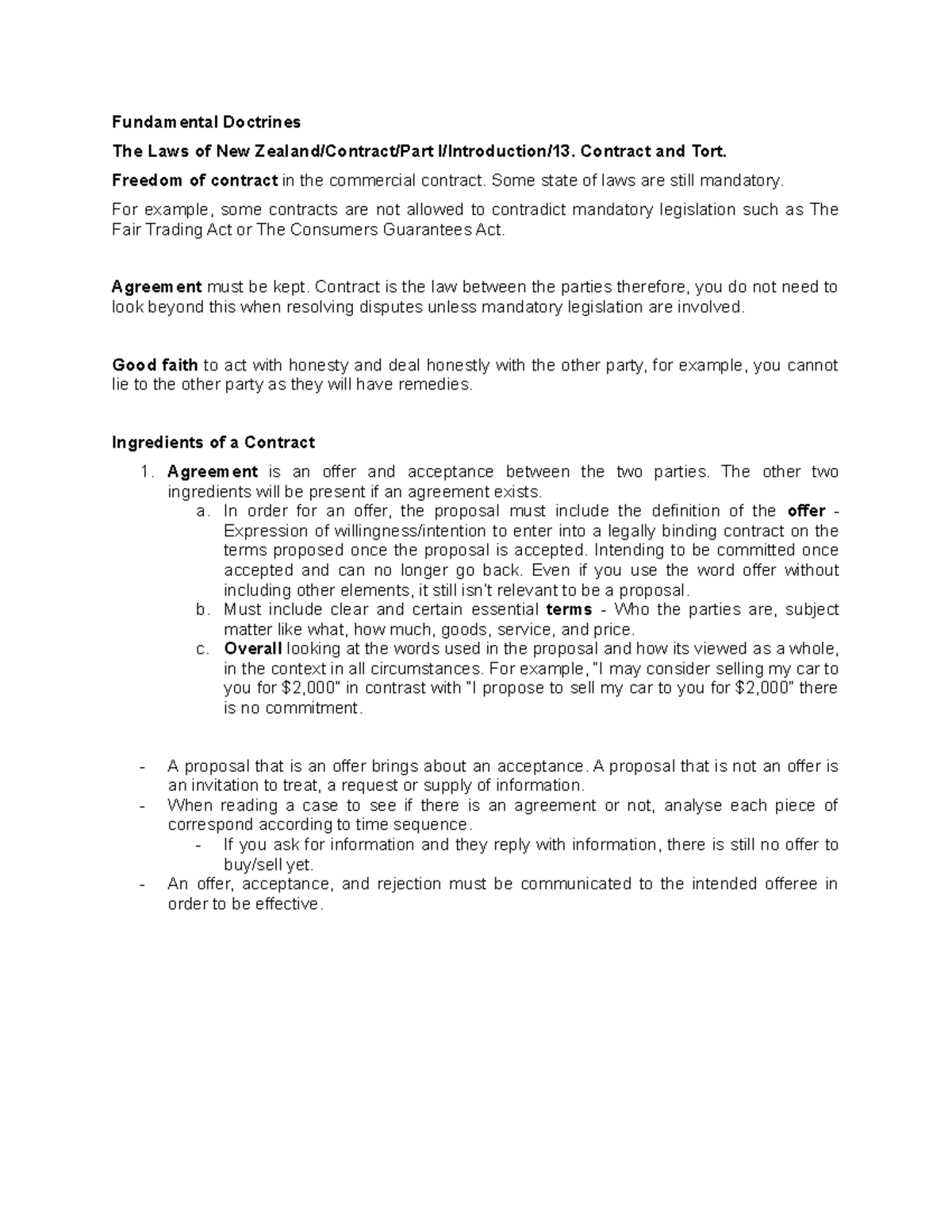 Notes - Fundamental Doctrines The Laws of New Zealand/Contract/Part I ...