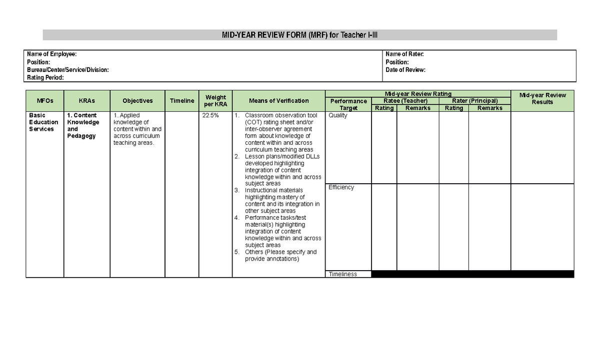 Appendix E rpms MID-YEAR REVIEW FORM (MRF) for Teacher I-III - MID-YEAR ...