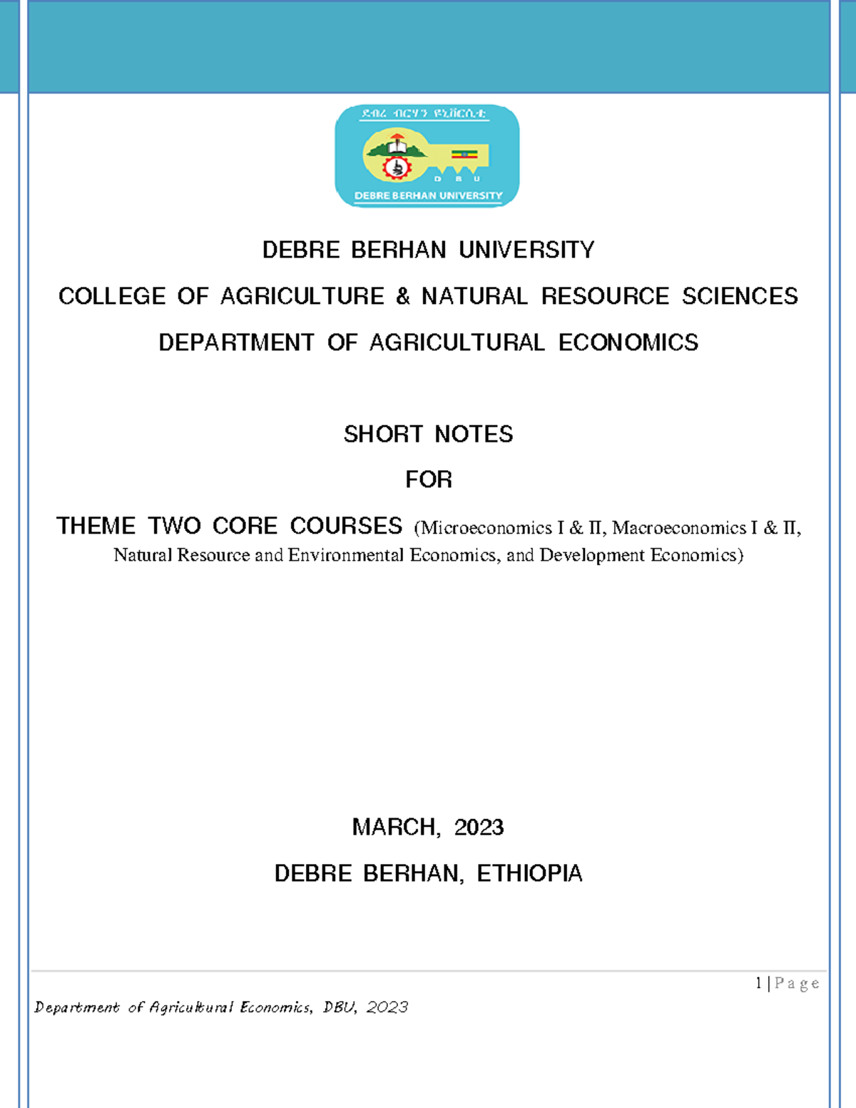 Short Note for Theme 1 - knolegde - 1 | P a g e DEBRE BERHAN UNIVERSITY ...
