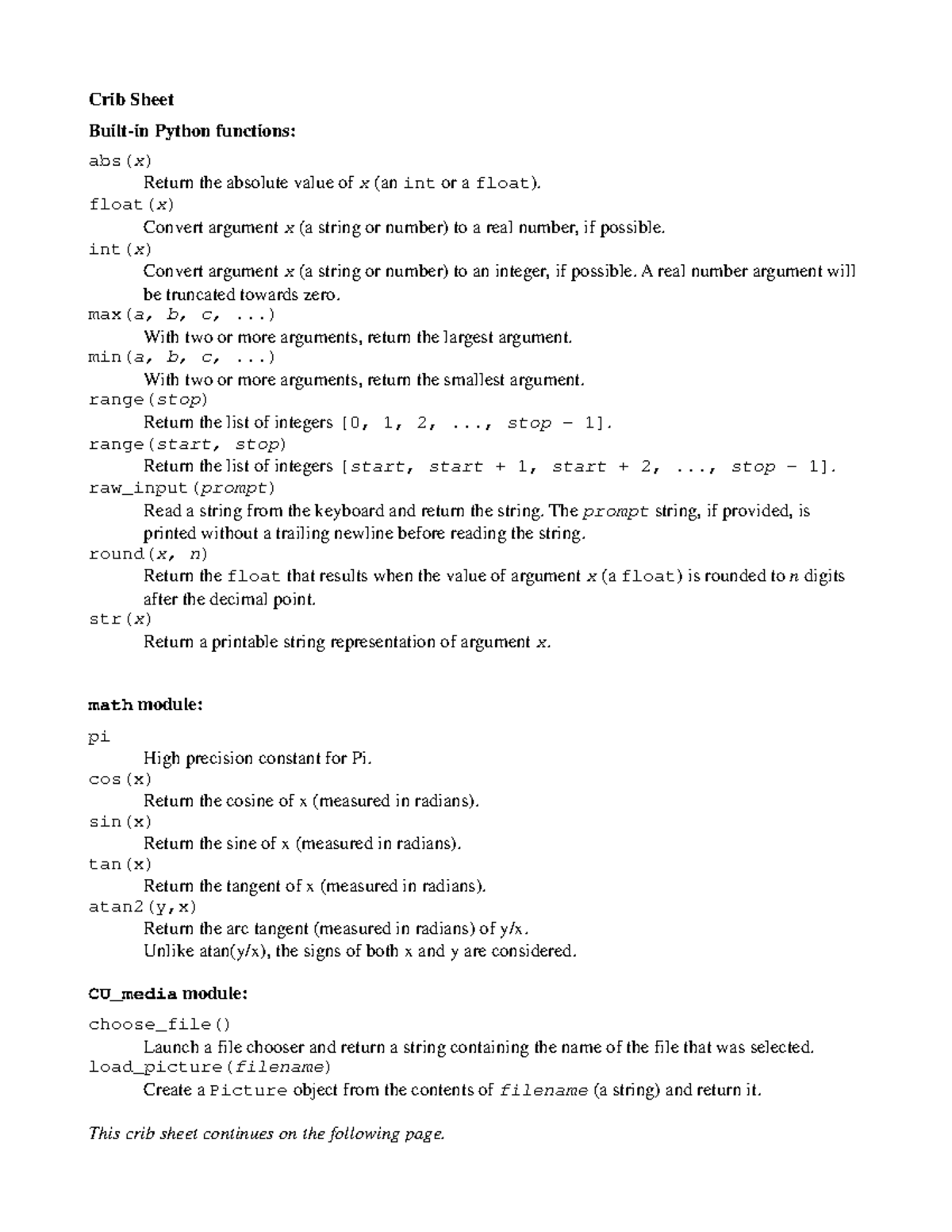 Python functions - Crib Sheet Built-in Python functions: abs(x) Return ...