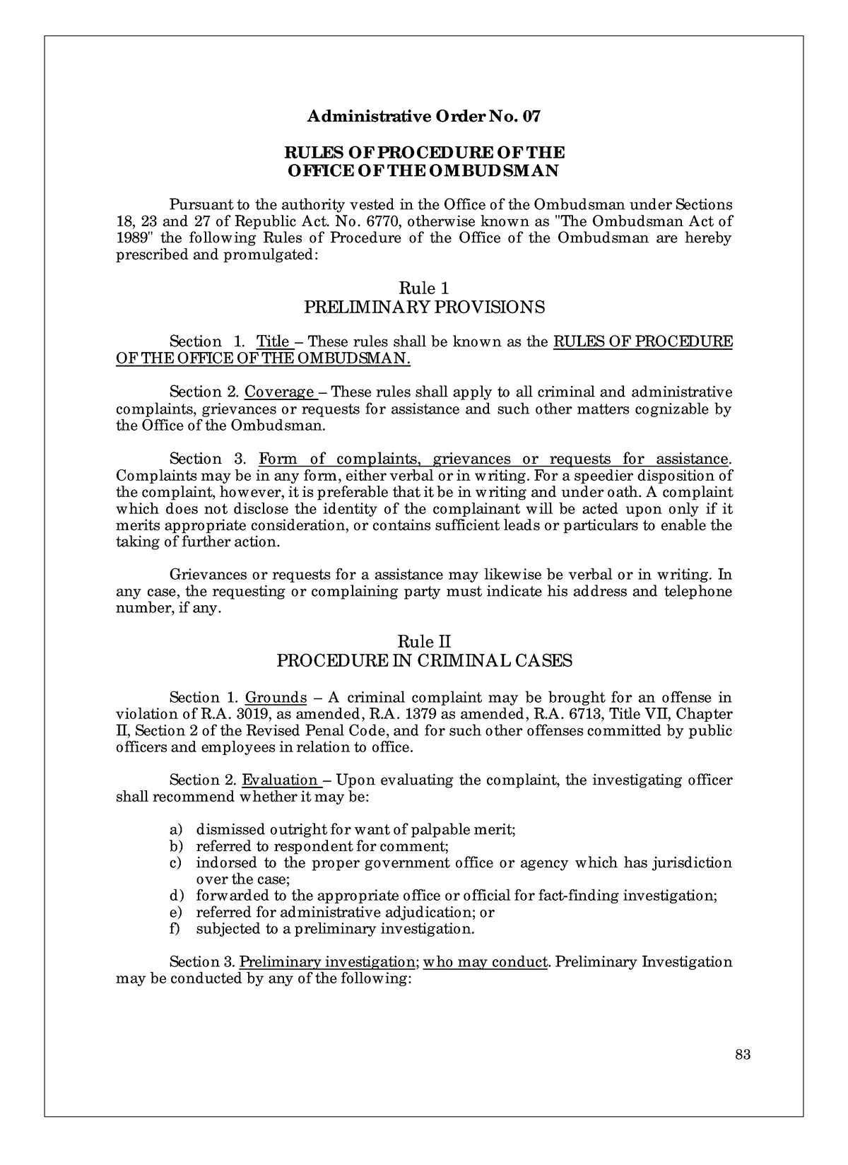 Administrative Order No 07 - 07 RULES OF PROCEDURE OF THE OFFICE OF THE ...