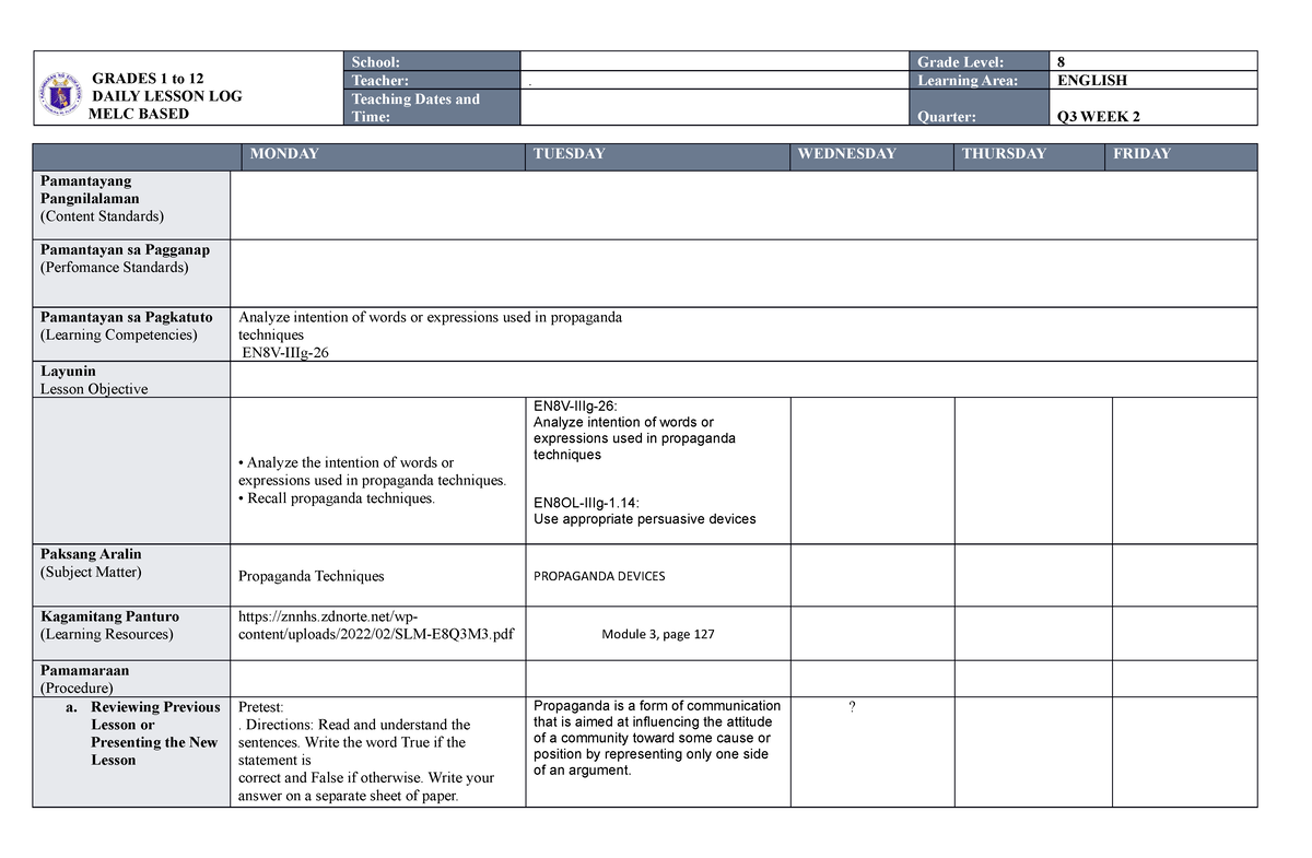 MELC DLL ENG 8 WEEK 2 Q3 Done - GRADES 1 To 12 DAILY LESSON LOG MELC ...