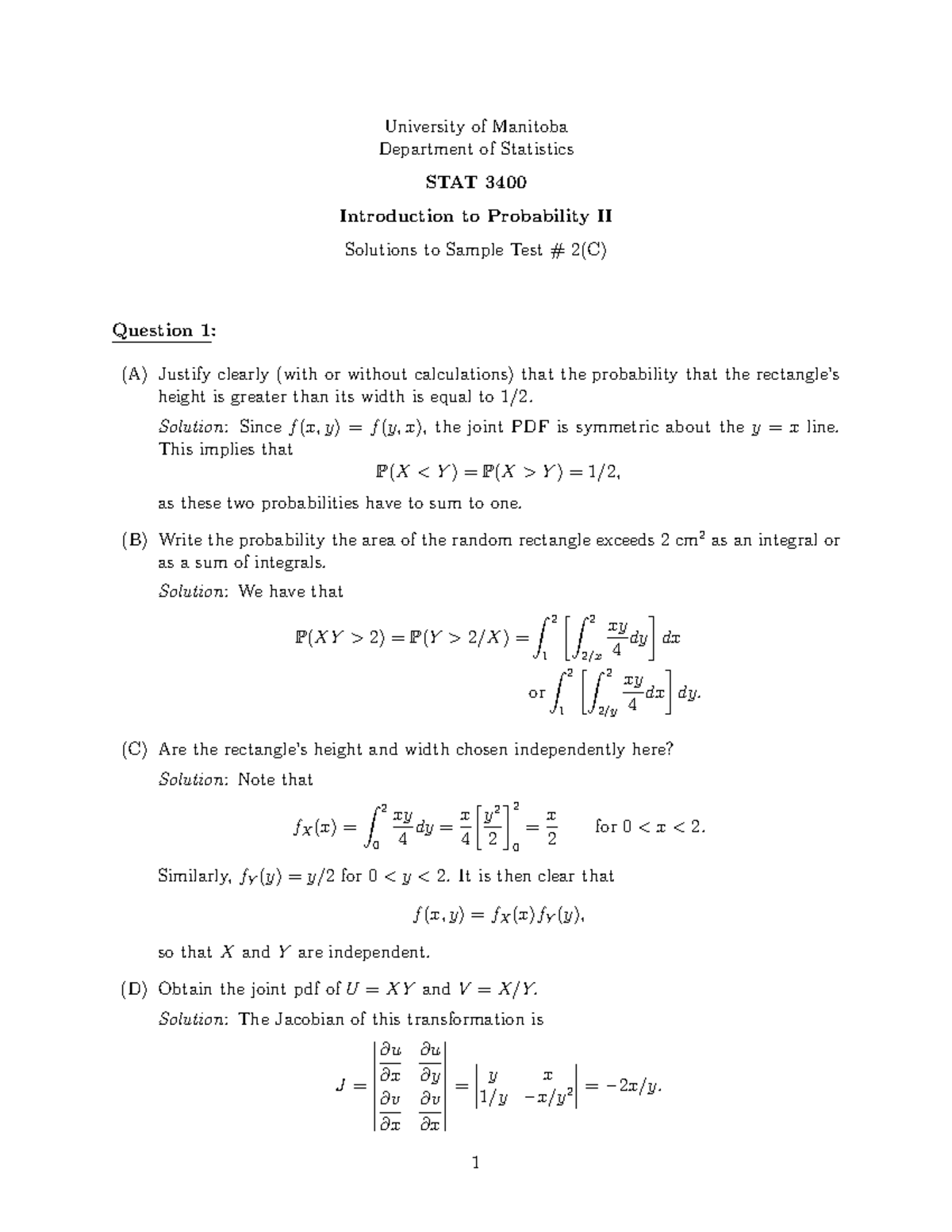 Sample Practice Exam Answers University Of Manitoba Department Of Statistics Stat 3400 Introduction To Probability Ii Solutions To Sample Test Question Justify Studocu