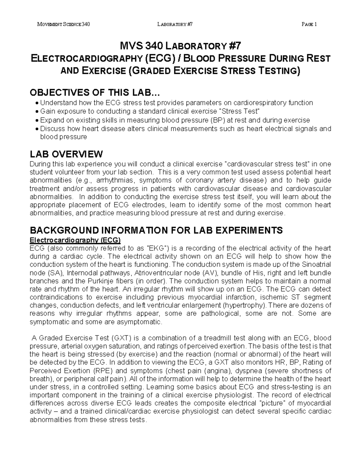 MVS340 Lab 7 - ECG + stress test - MVS 340 L ABORATORY ...