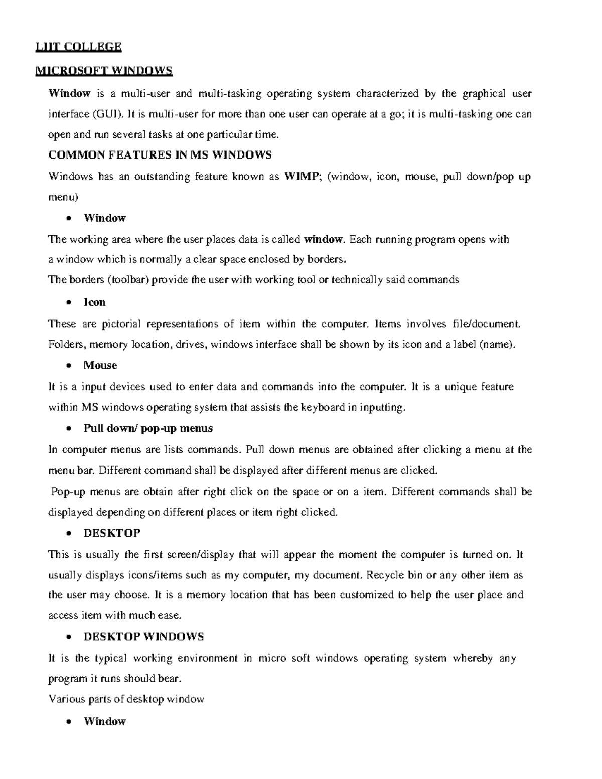 Introduction to computer lesson 2 - LIIT COLLEGE MICROSOFT WINDOWS ...