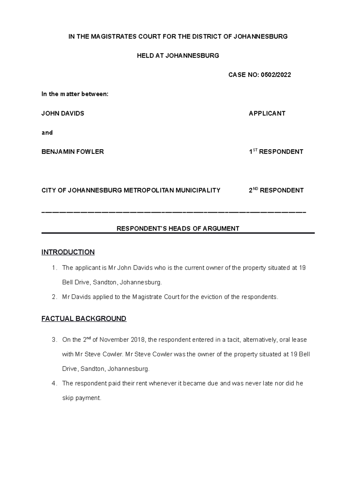 Respondents Heads of Arguments 2022 - IN THE MAGISTRATES COURT FOR THE ...