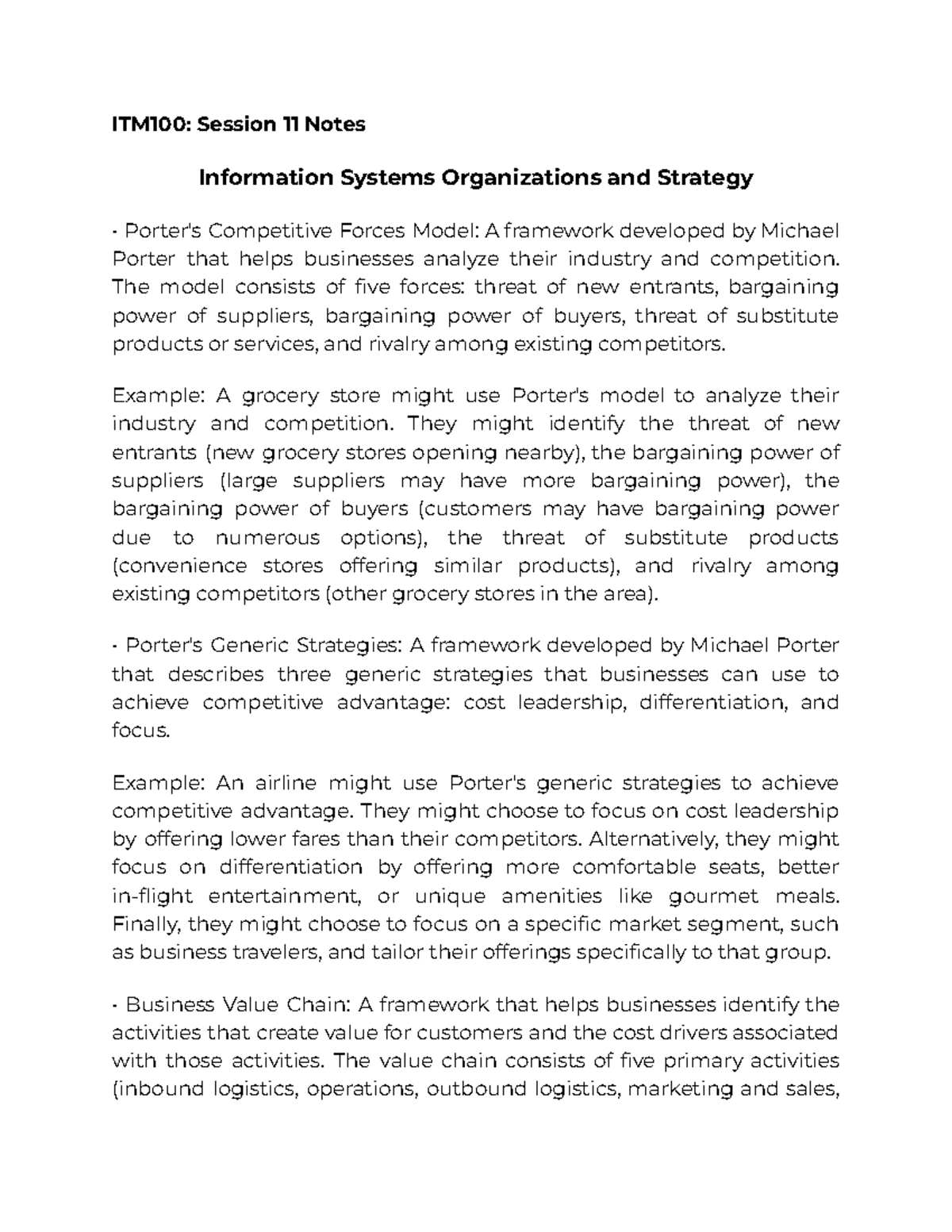 ITM100 Session 11 Notes - ITM100: Session 11 Notes Information Systems ...