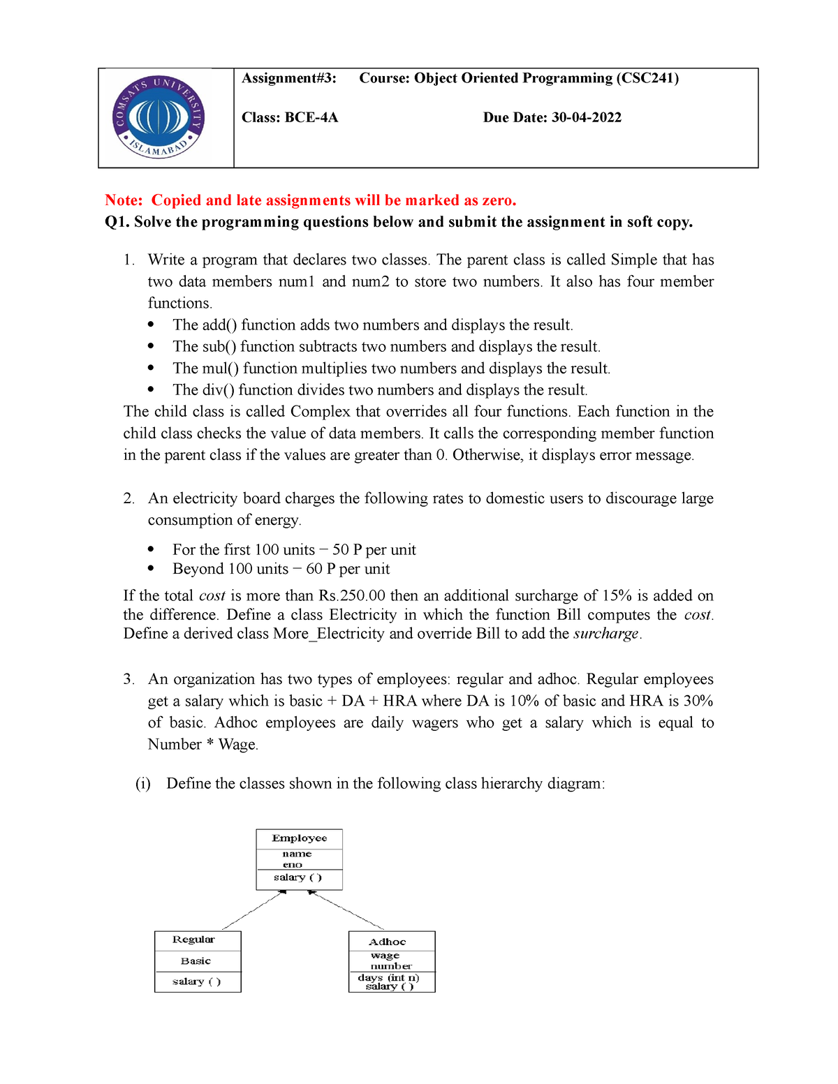 Assignment 3 - Assignment#3: Course: Object Oriented Programming ...