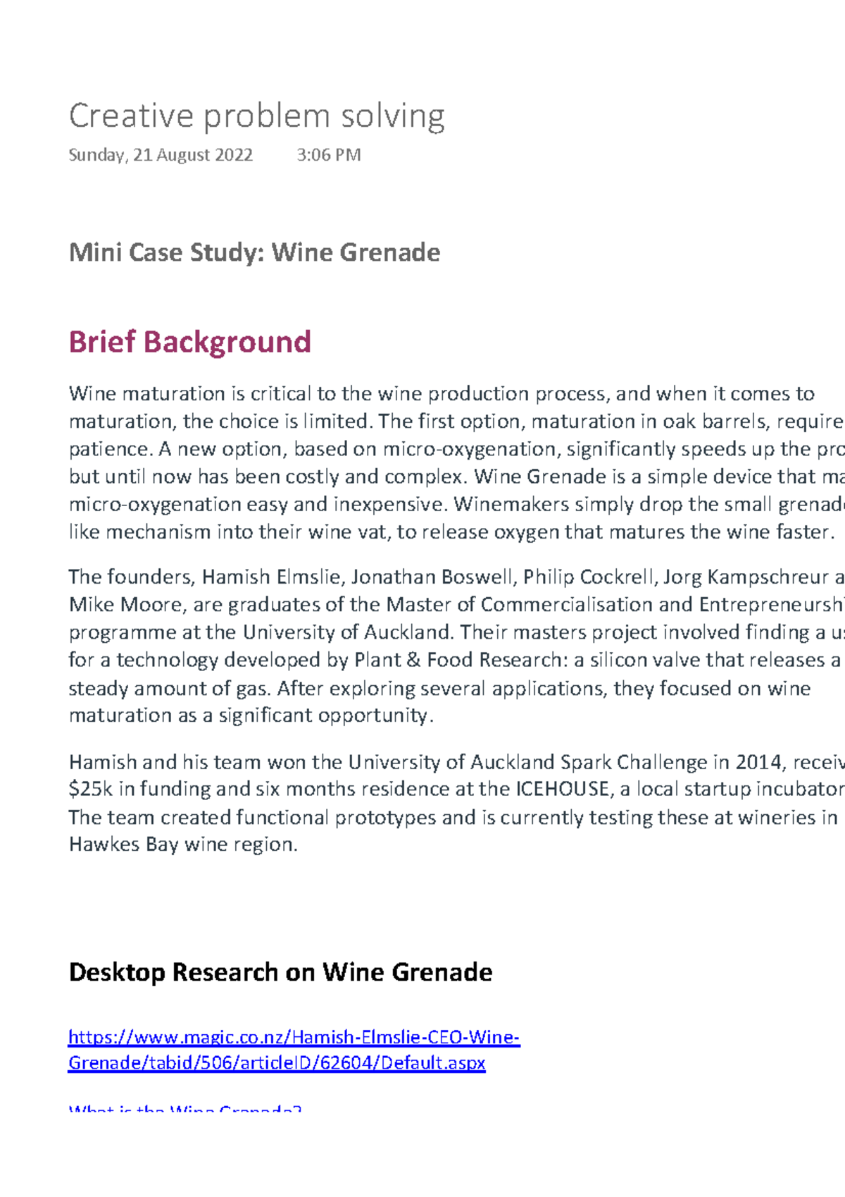 Creative problem solving - Mini Case Study: Wine Grenade Brief ...