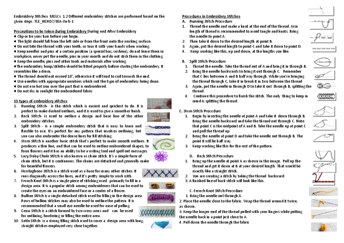 Embroidery Stitches handout Embroidery Stitches MELCs 1 Different
