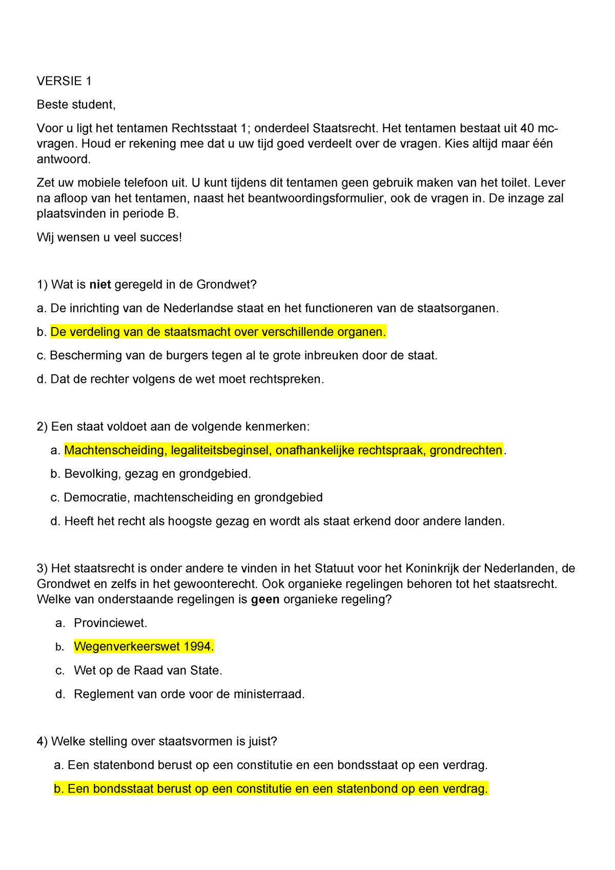 Oefententamen Staatsrecht - VERSIE 1 Beste Student, Voor U Ligt Het ...