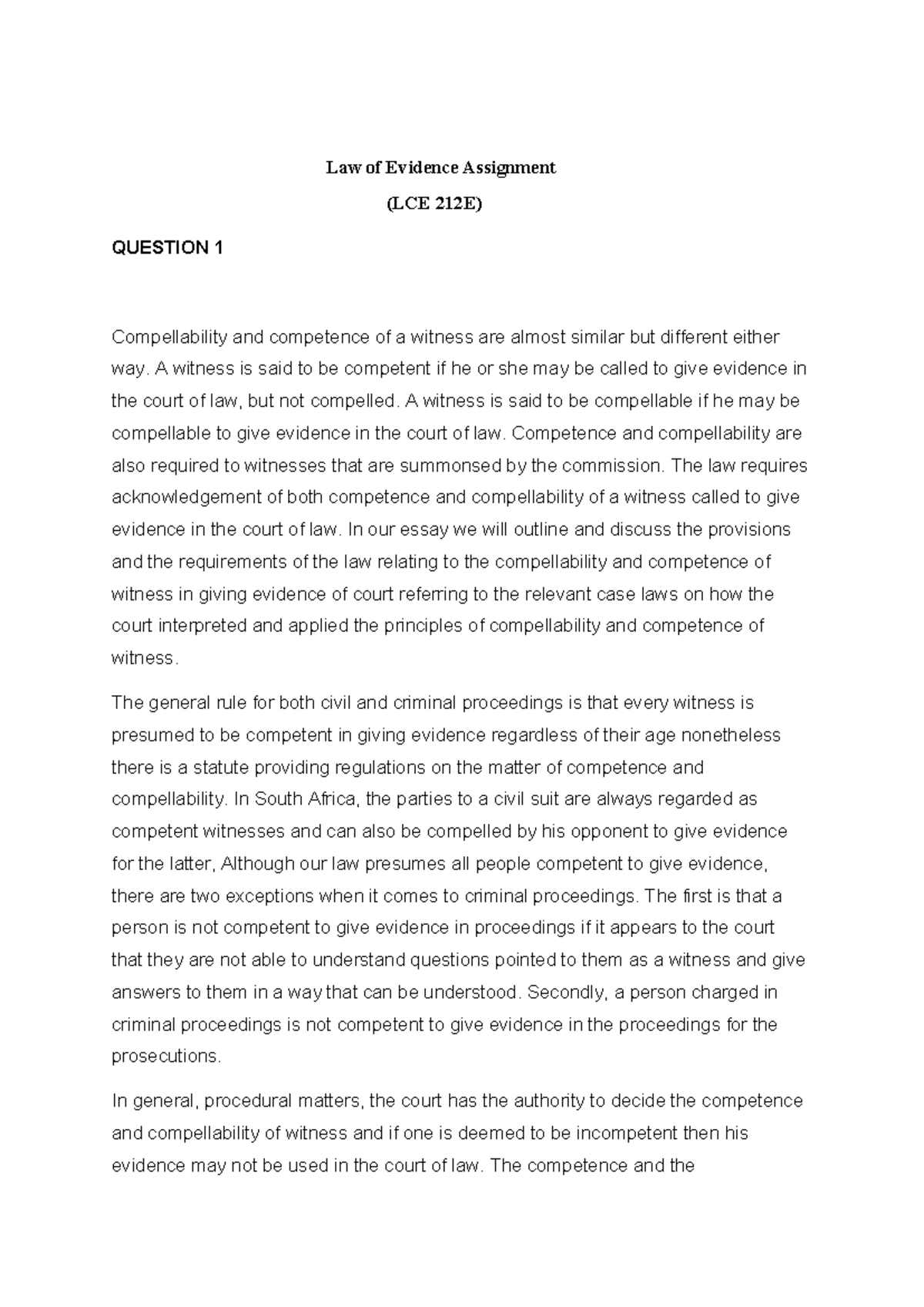 Assi Gnment evidence - Law of Evidence Assignment (LCE 212E) QUESTION 1 ...