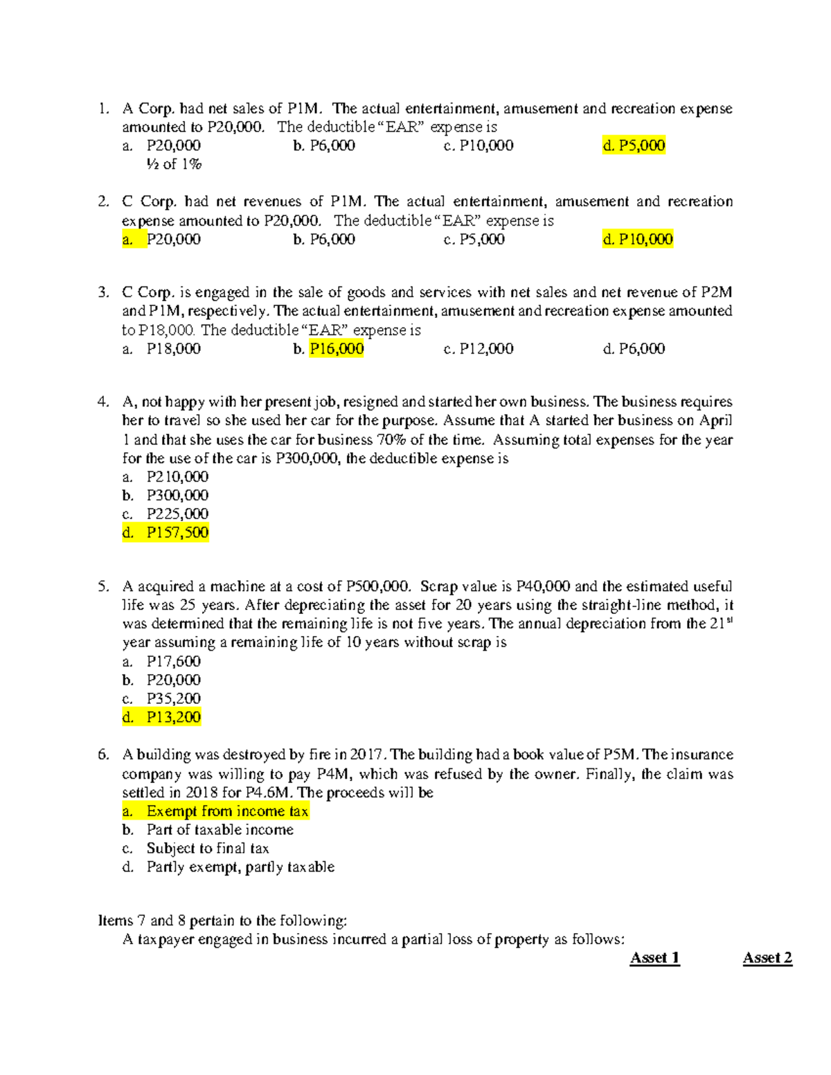 Questions about Taxation - A Corp. had net sales of P1M. The actual ...