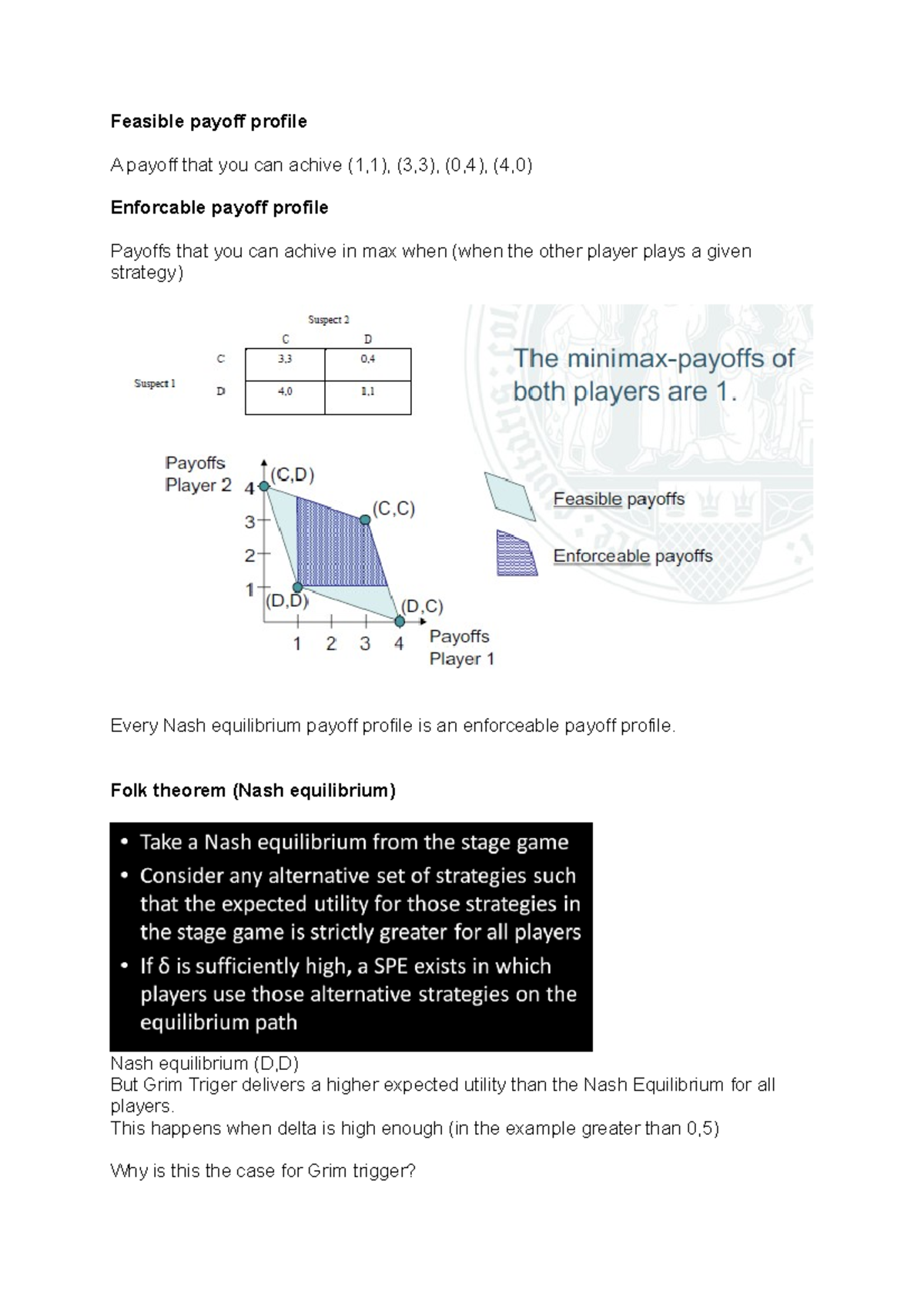 Feasible payoff profile - Folk theorem (Nash equilibrium) Nash ...