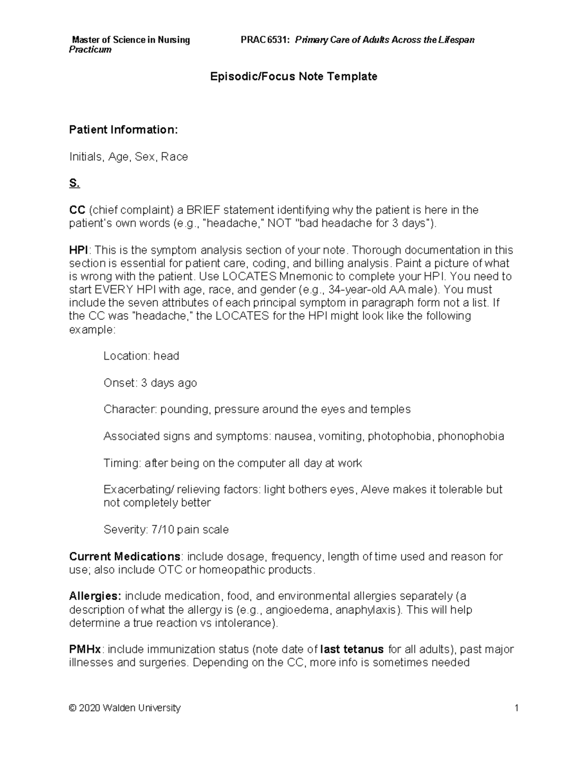 PRAC 6531 Episodic Focused Note Template Final - Master of Science in ...