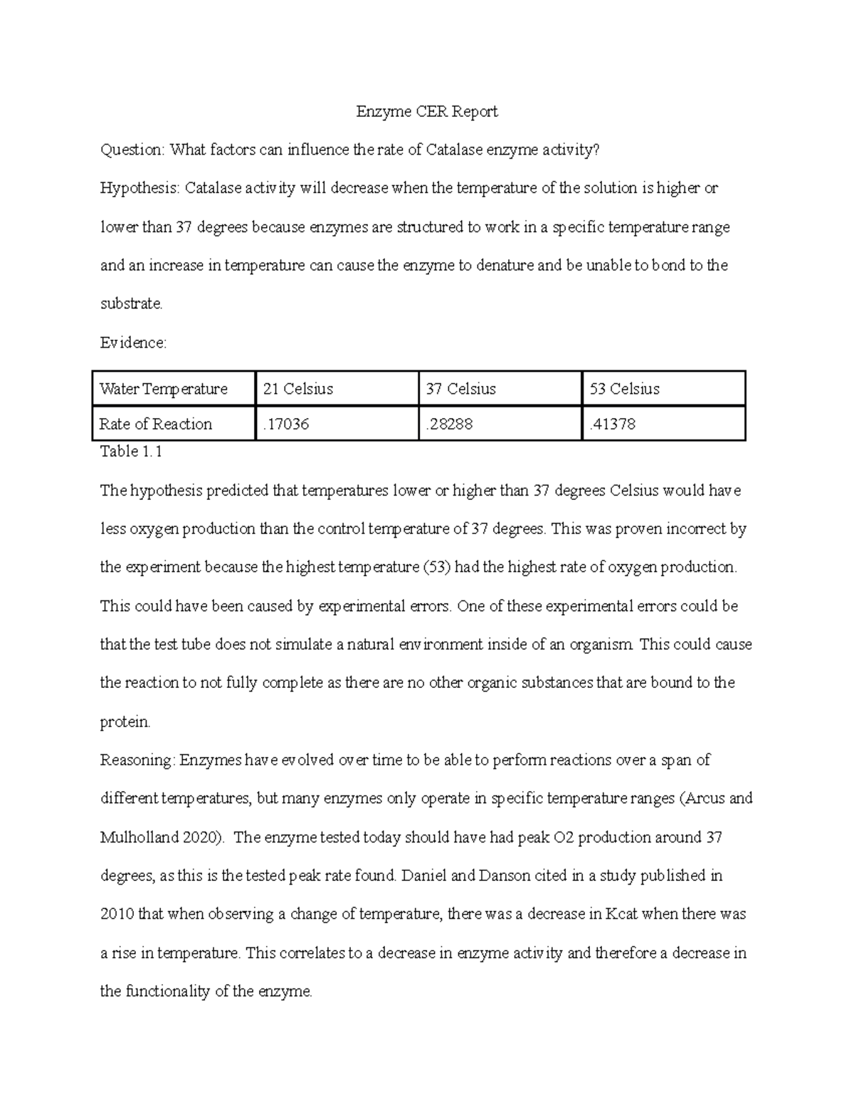 Enzyme Lab Report Enzyme CER Report Question What factors can