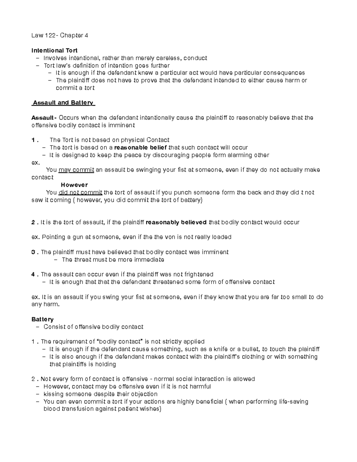 Law 122 Chapter 4 Lecture Notes 4 Law 122 Chapter 4 Intentional Tort Involves Intentional 4213