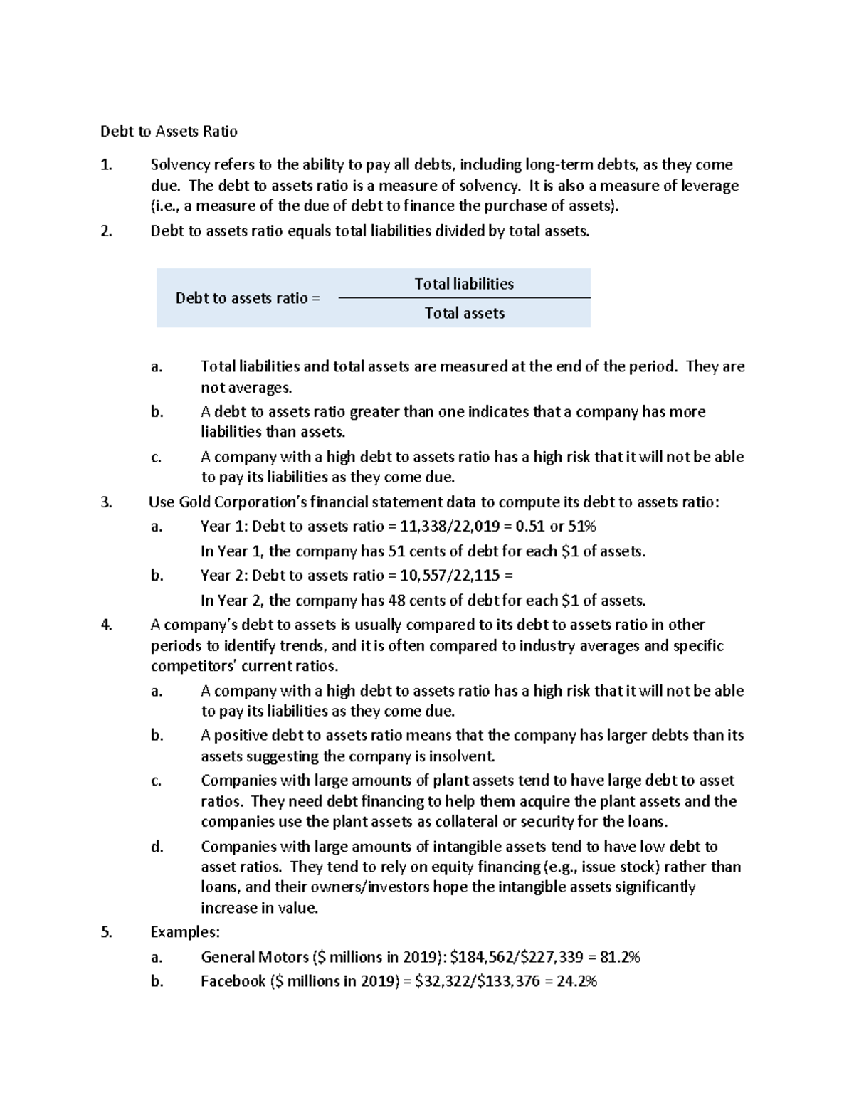 Chapter 2 page 20 - Debt to Assets Ratio Solvency refers to the ability ...