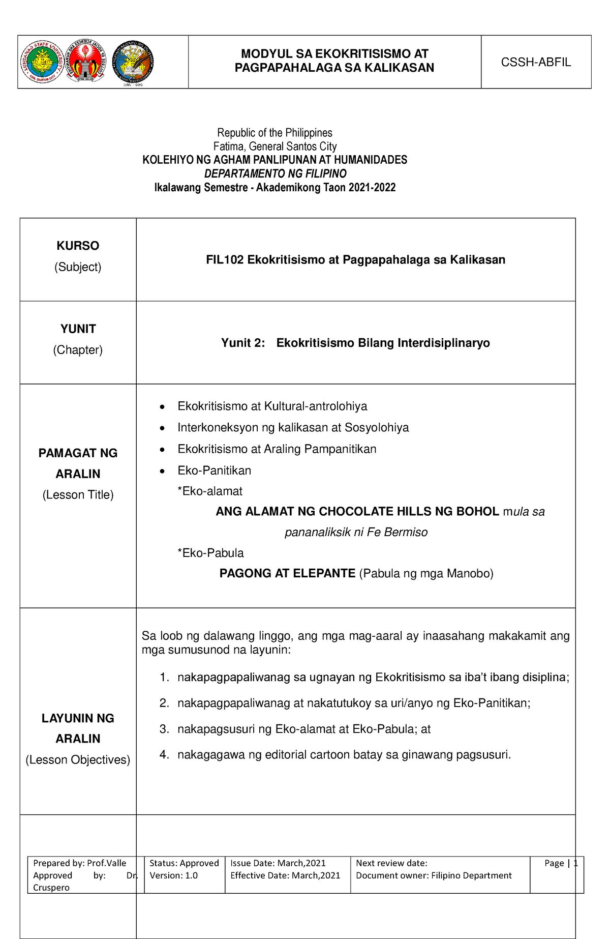 Modyul Sa Ekokritisismo At Pagpapahalaga Sa Kalikasan Pagpapahalaga Sa Kalikasan Cssh Abfil 9276