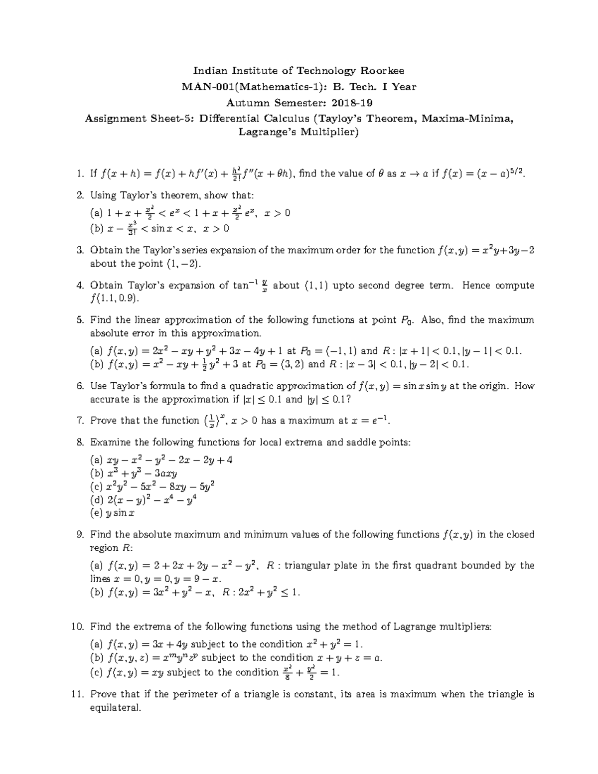 Assignment 5 Man 001 Indian Institute Of Technology Roorkee Man 001 Mathematics 1 B Tech I Studocu