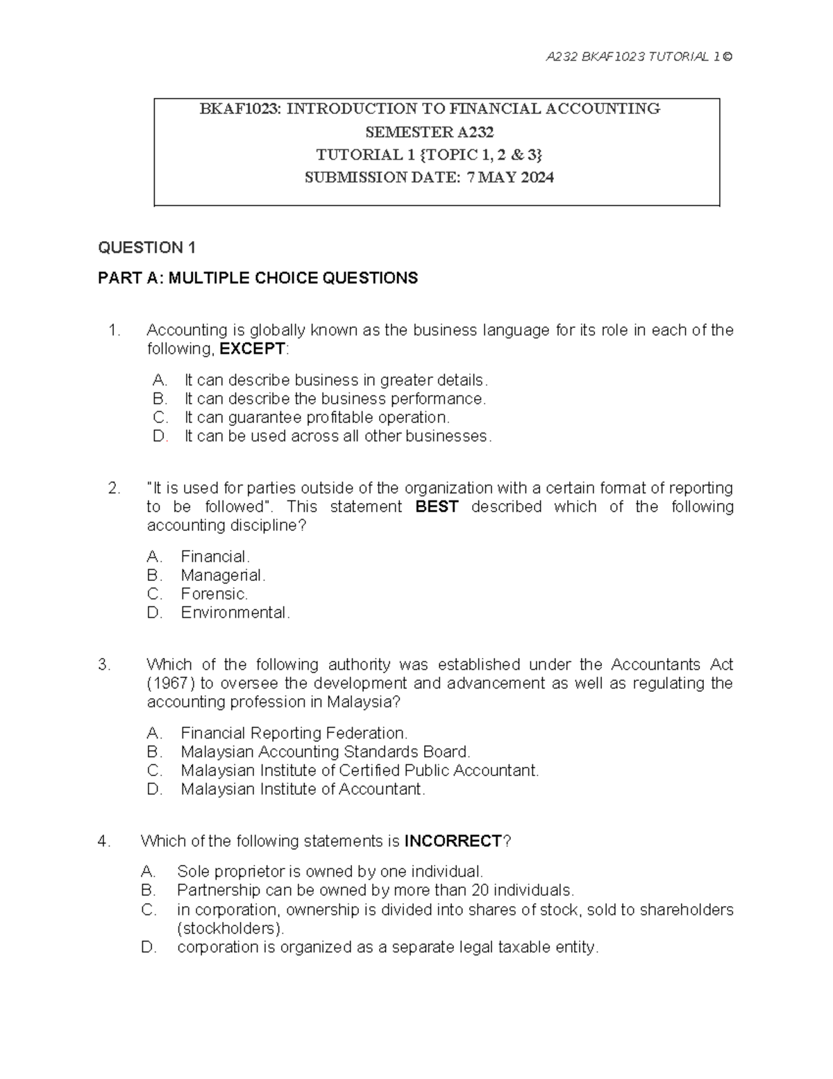 Tutorial 1 Question - BKAF1023: INTRODUCTION TO FINANCIAL ACCOUNTING ...