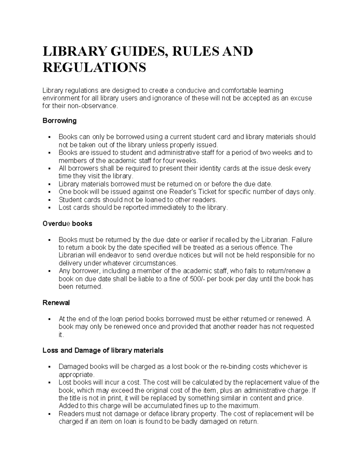 Library ULES LIBRARY GUIDES, RULES AND REGULATIONS Library
