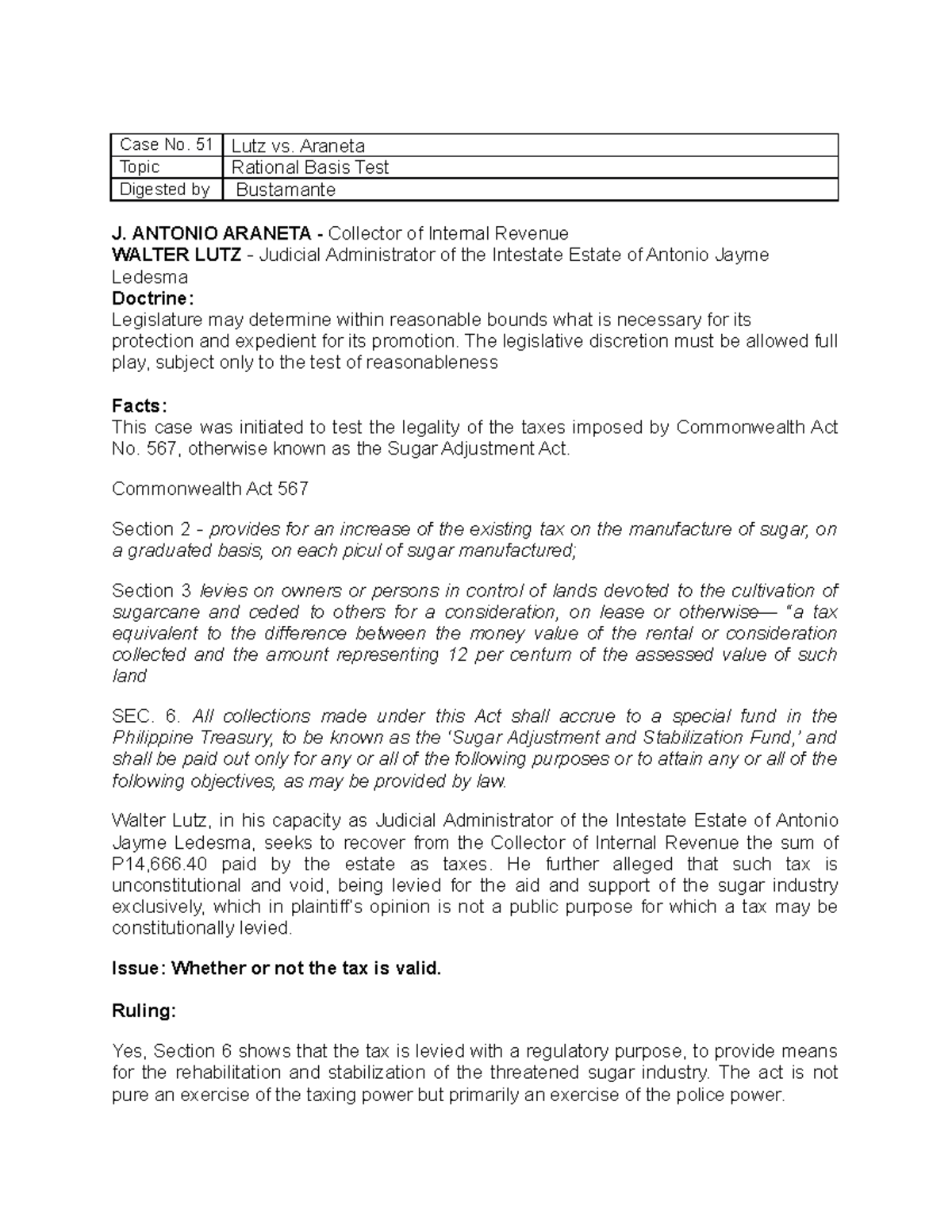 Lutz vs. Case No. 51 Lutz vs. Topic Rational Basis