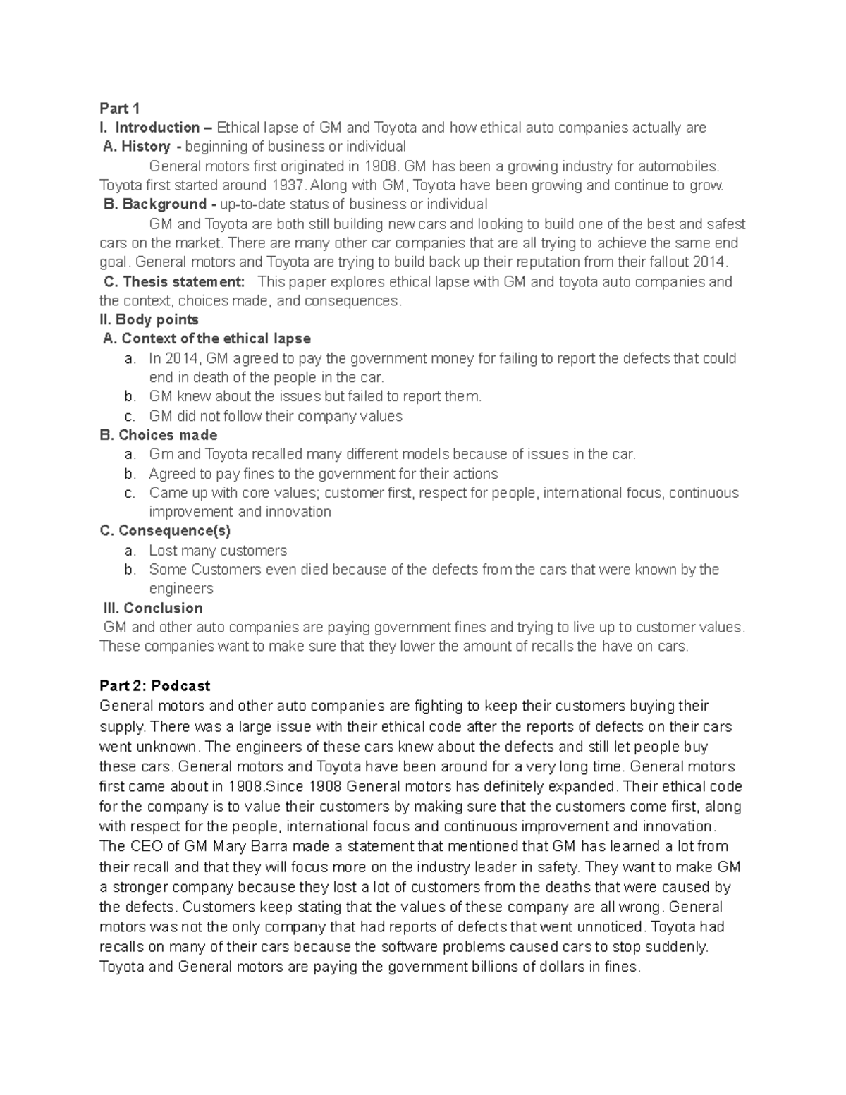 Week 4 Assignment Part 1 I Introduction Ethical Lapse Of GM And Toyota And How Ethical Auto 