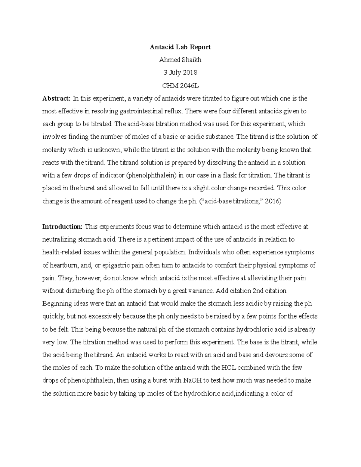 Antacid LAB Report CHM2046L Antacid Lab Report Ahmed Shaikh 3 July