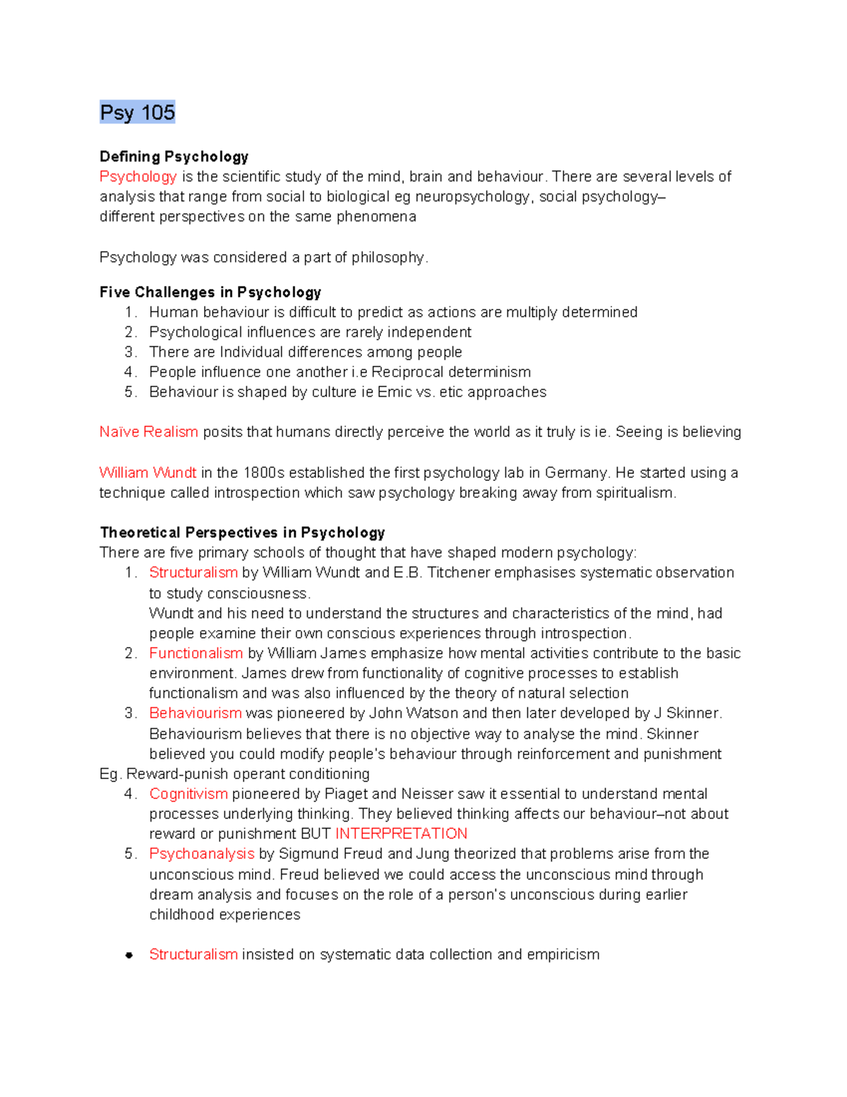 Psy 105 Test 1 Notes - Psy 105 Defining Psychology Psychology Is The ...