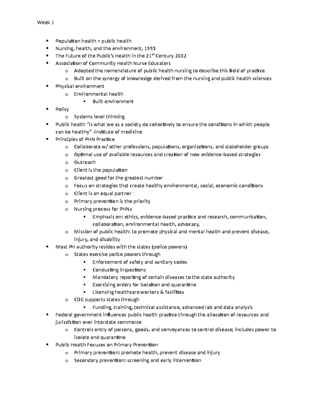 Week 1 - Week 1 Population health = public health Nursing, health, and ...