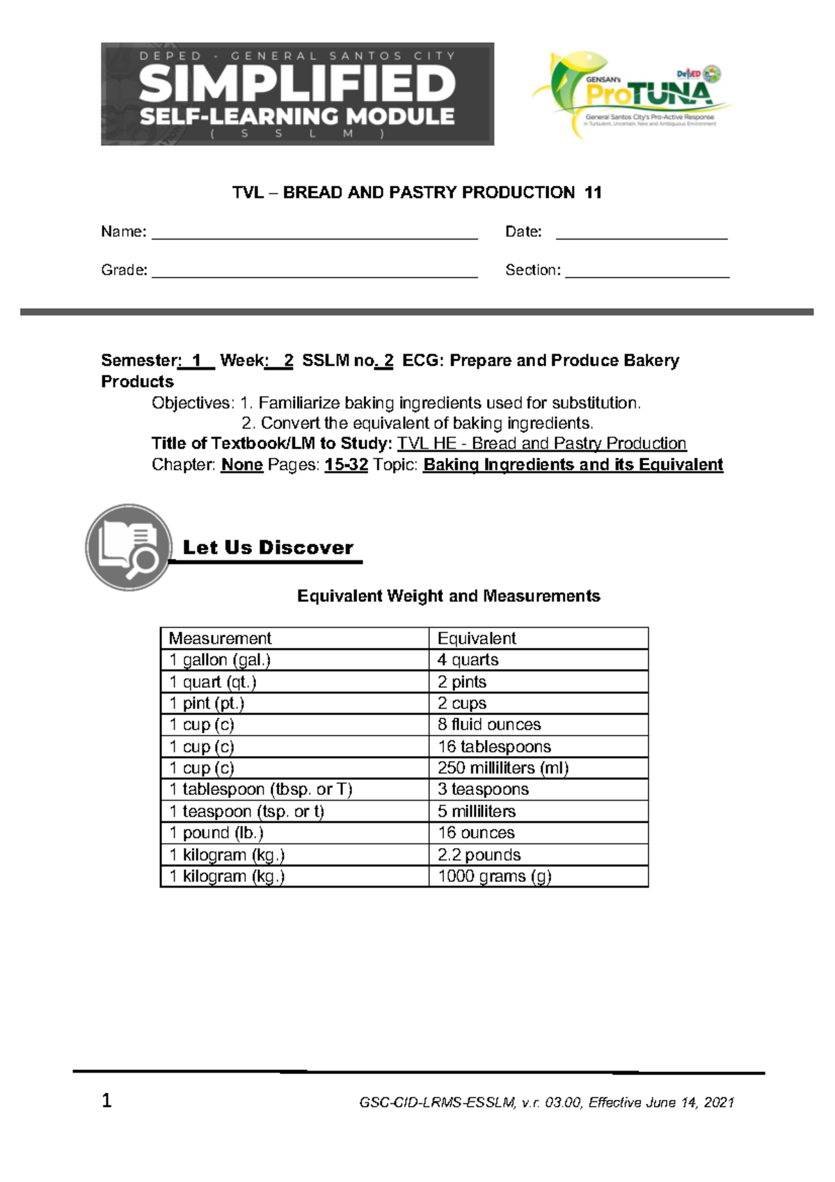 BPP11 SEM 1 SSLM 2 - bpp - TVL – BREAD AND PASTRY PRODUCTION 11 Name ...
