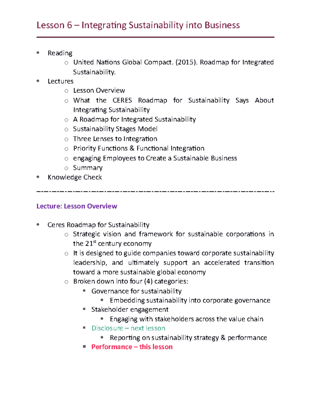 Notes from online lesson 6 - Lesson 6 – Integrating Sustainability into ...