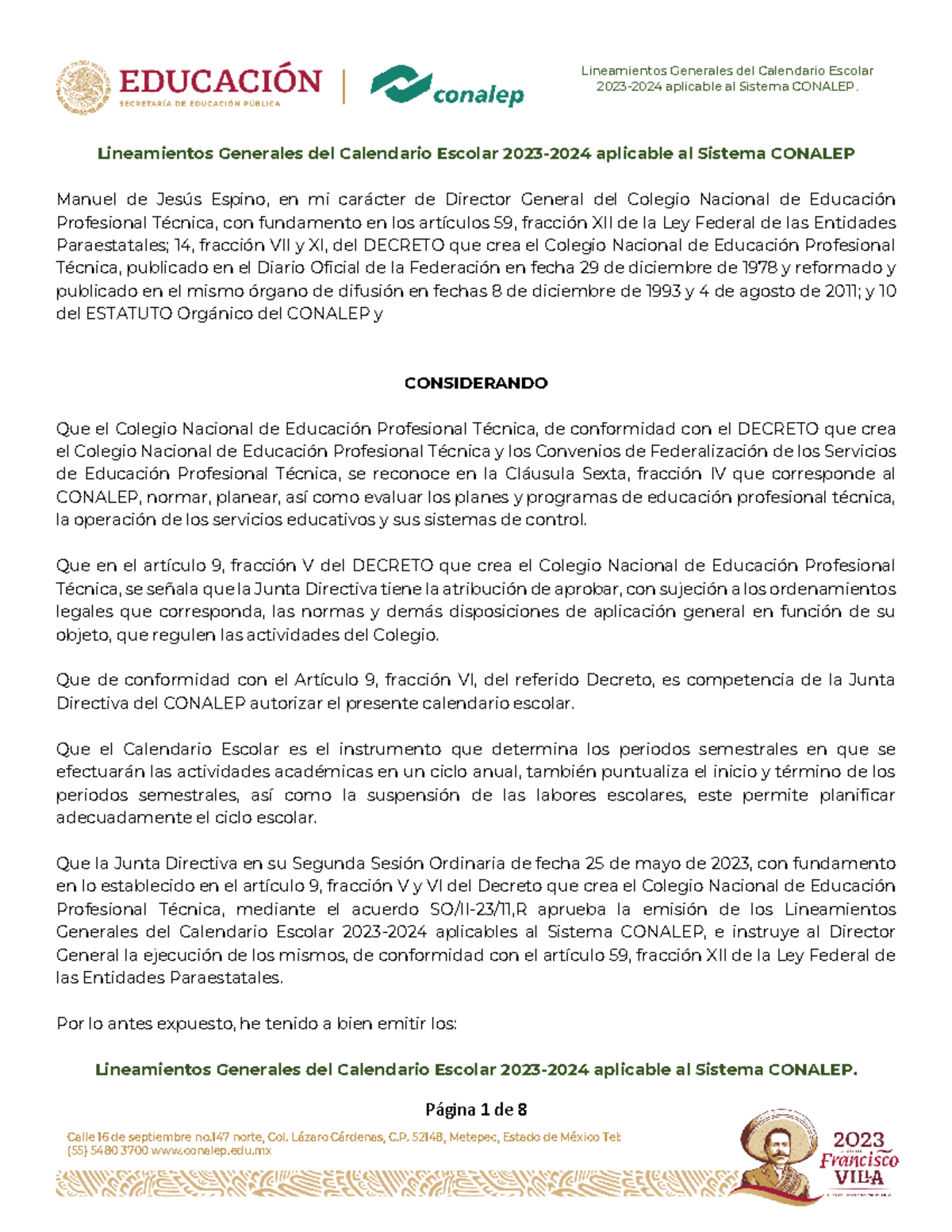 Lineamientos Calendario Escolar Conalep 2023 2024 Autorizado Página 1 De 8 2023 2024 9065