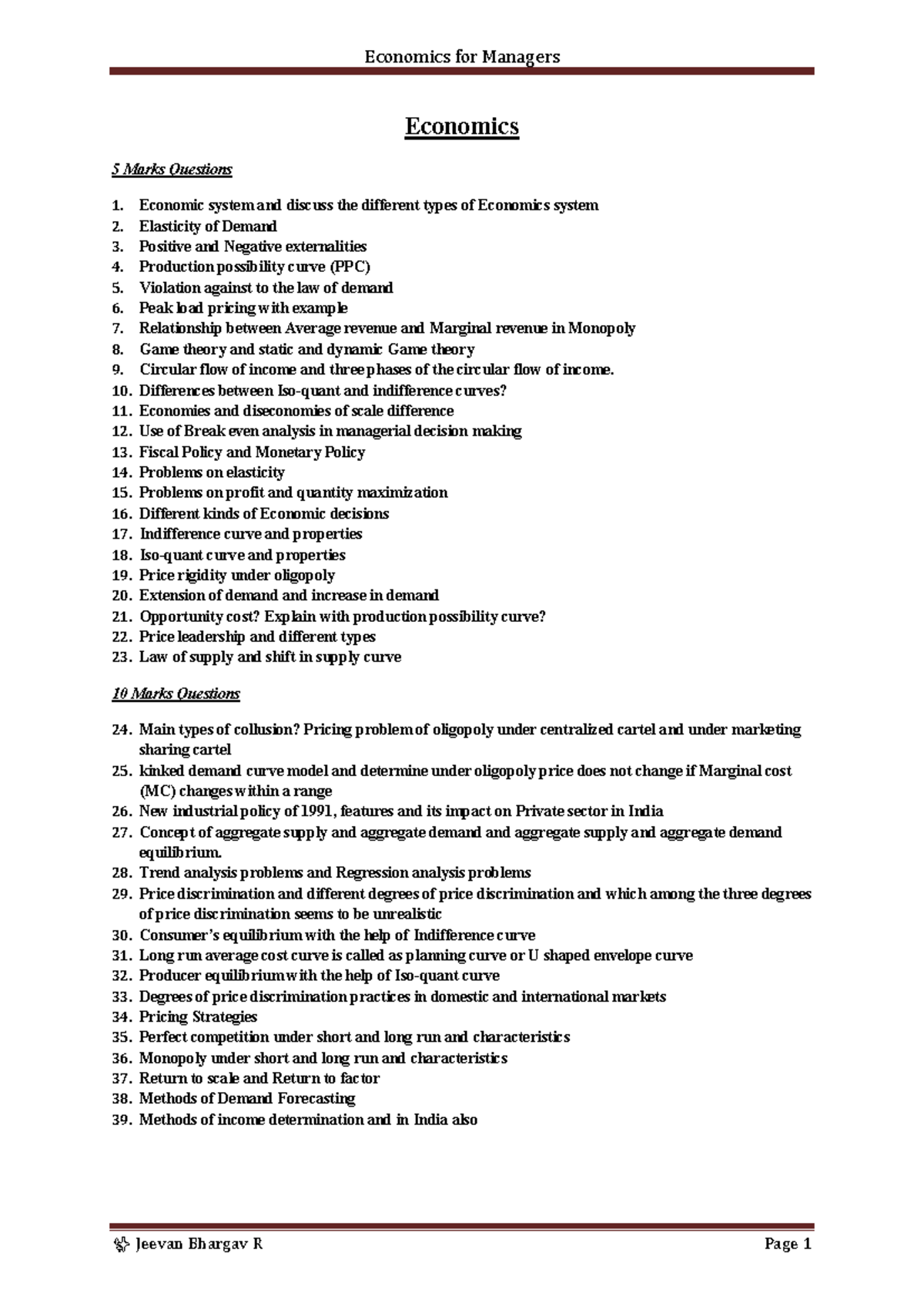 Economics QA -ans - Economics 5 Marks Questions 1. Economic system and ...