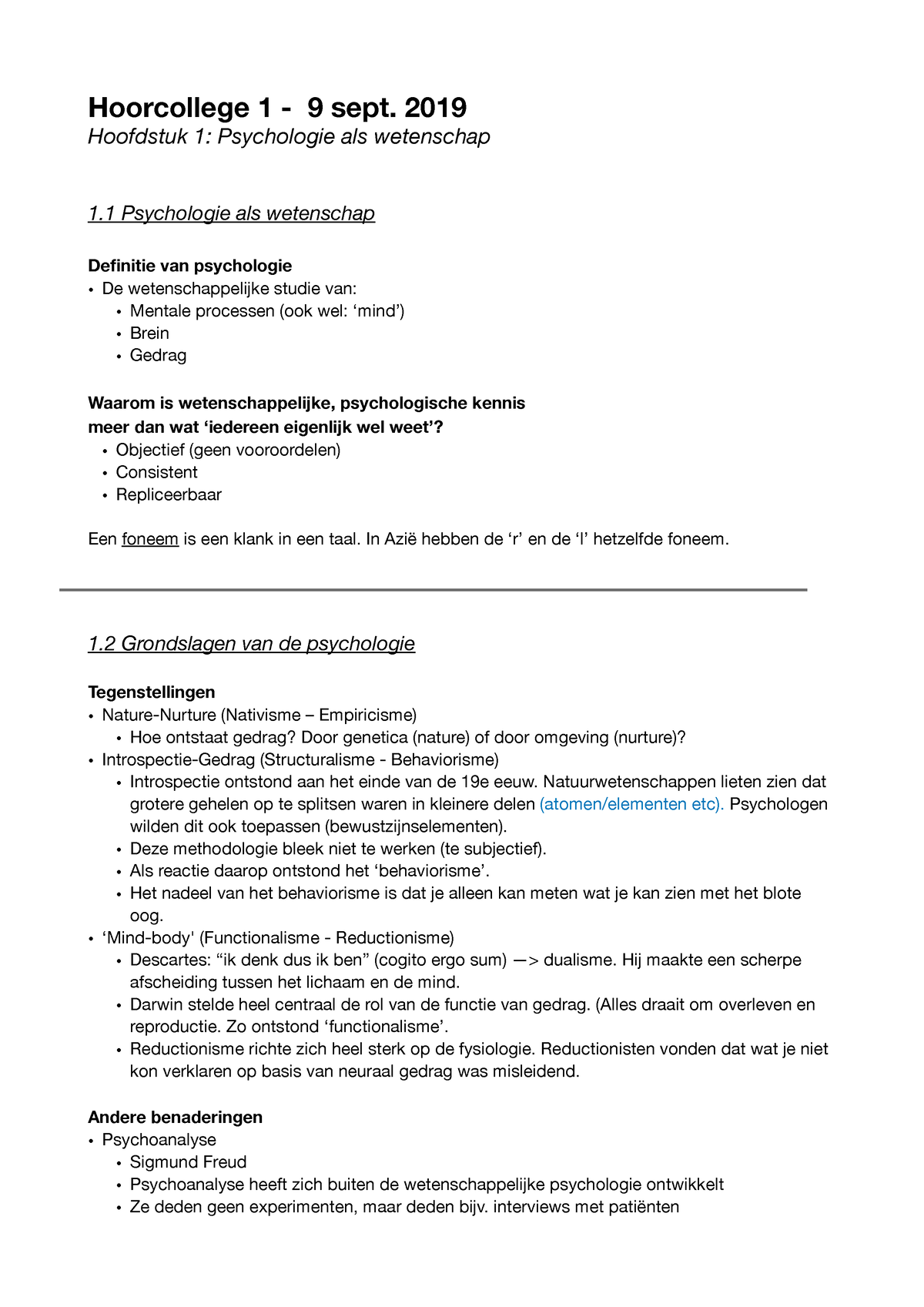 Overzicht Van De Psychologie Aantekeningen - Hoorcollege 1 - 9 Sept ...