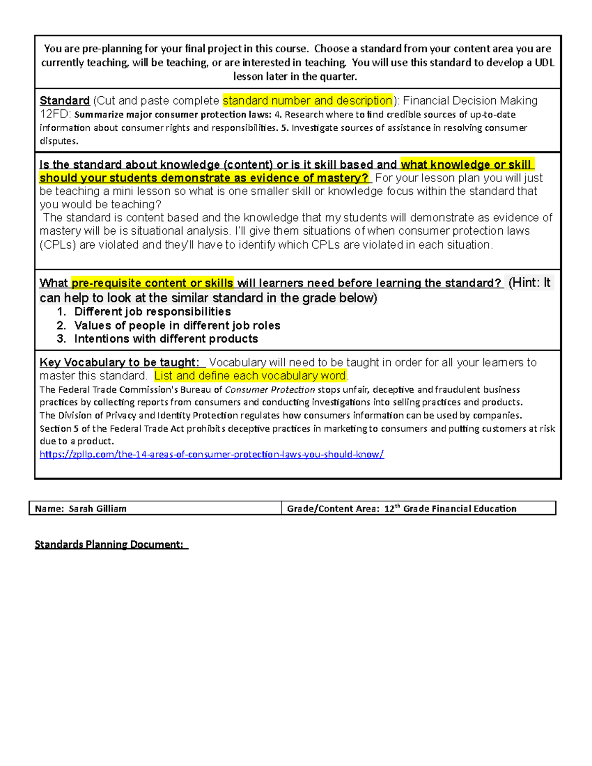 Standards Planning Document for Consumer Protection Laws - You are pre ...