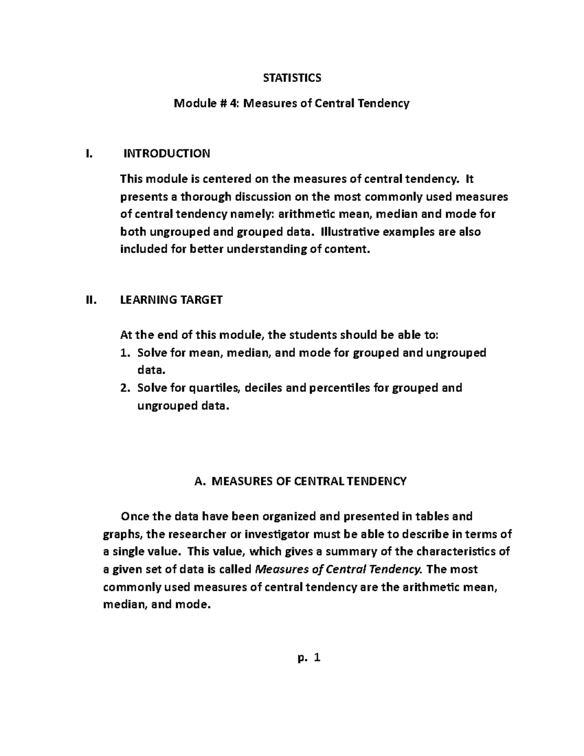 Statistics Module 4 STATISTICS Module 4 Measures Of Central statistics-module-4-statistics-module-4-measures-of-central