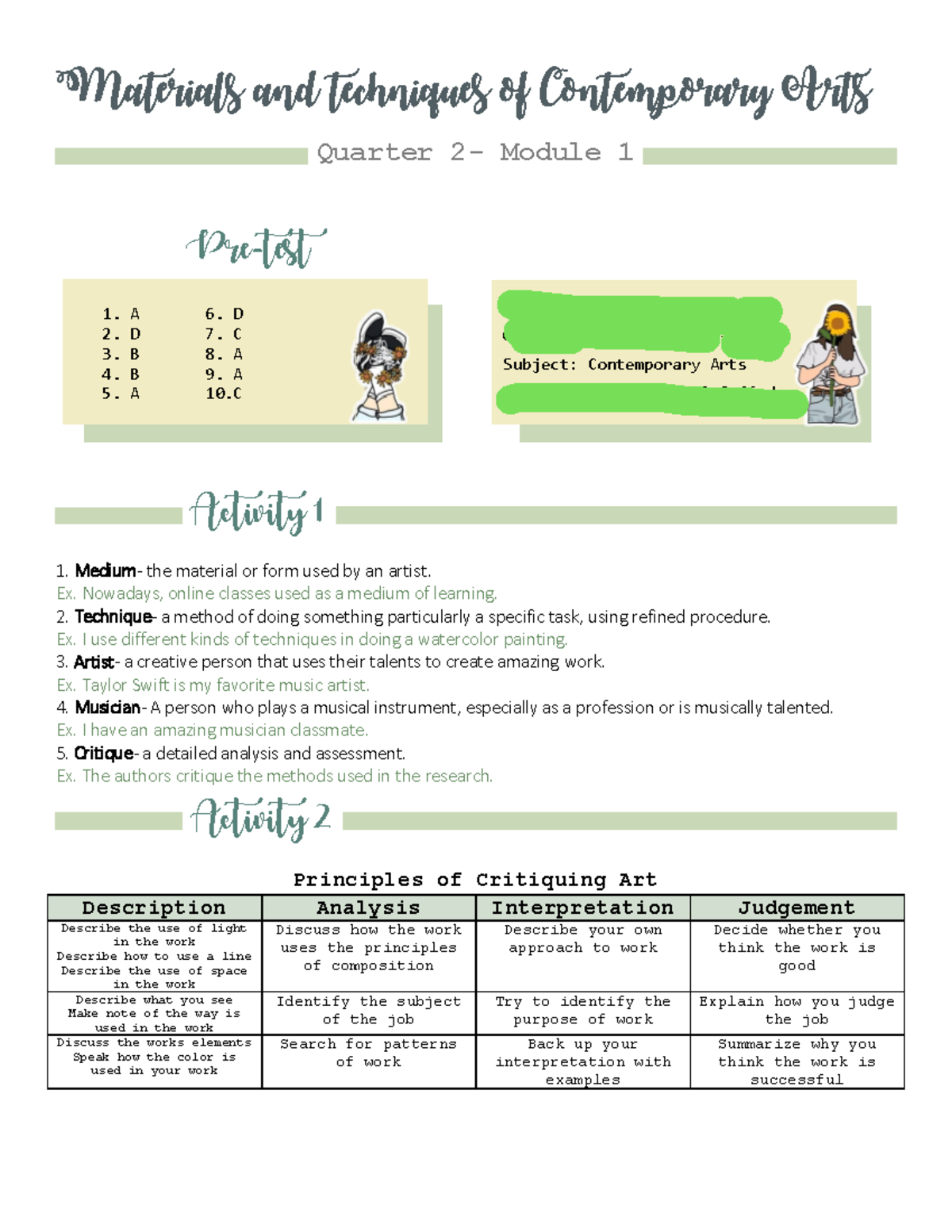 Contemporary Arts Quarter 2 Module 1 Activity 2 Materials and