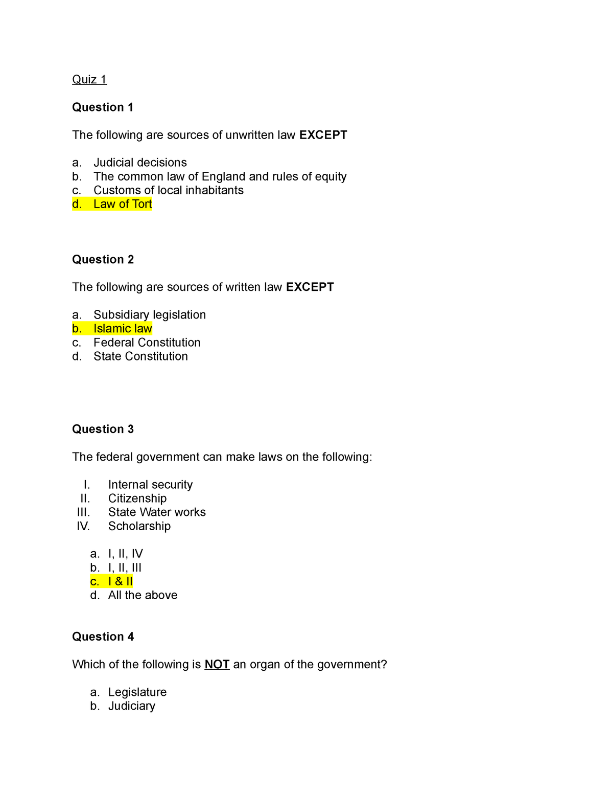 Quiz 1 Law - Quiz - Quiz 1 Question 1 The Following Are Sources Of ...