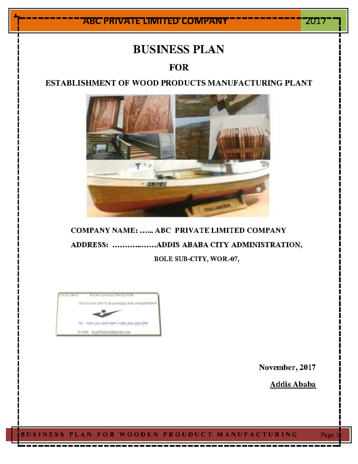 Furniture Manufacturing Business PLAN BUSINESS PLAN FOR ESTABLISHMENT