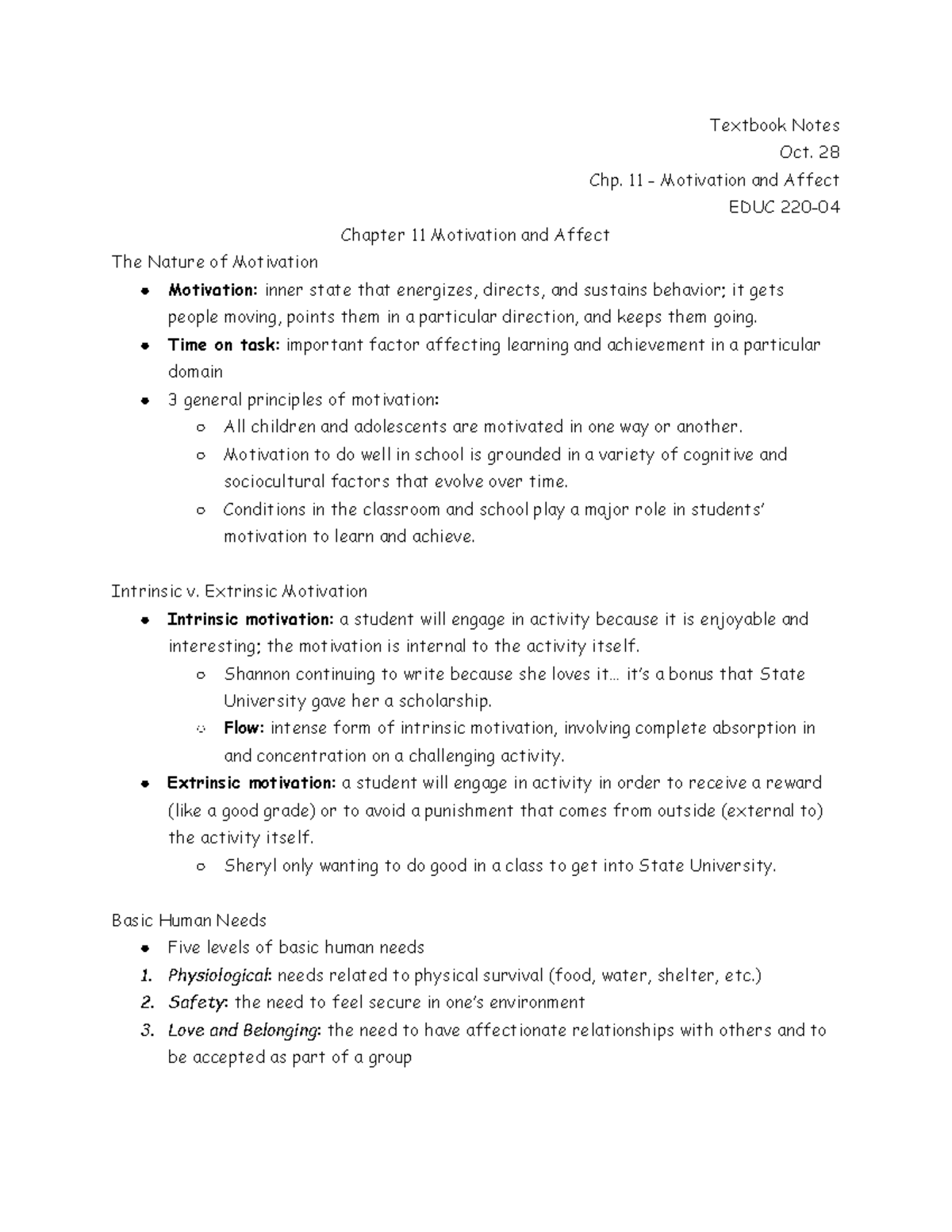 Chapter 11 Notes - Motivation and Affect - Textbook Notes Oct. 28 Chp ...